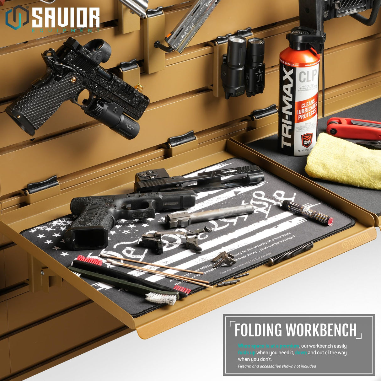 Savior Equipment Wall Rack System Heavy-Duty Steel Folding Table Workbench Shelf Collapsible Wall Mount Hanger, 17" Tan Savior Equipment