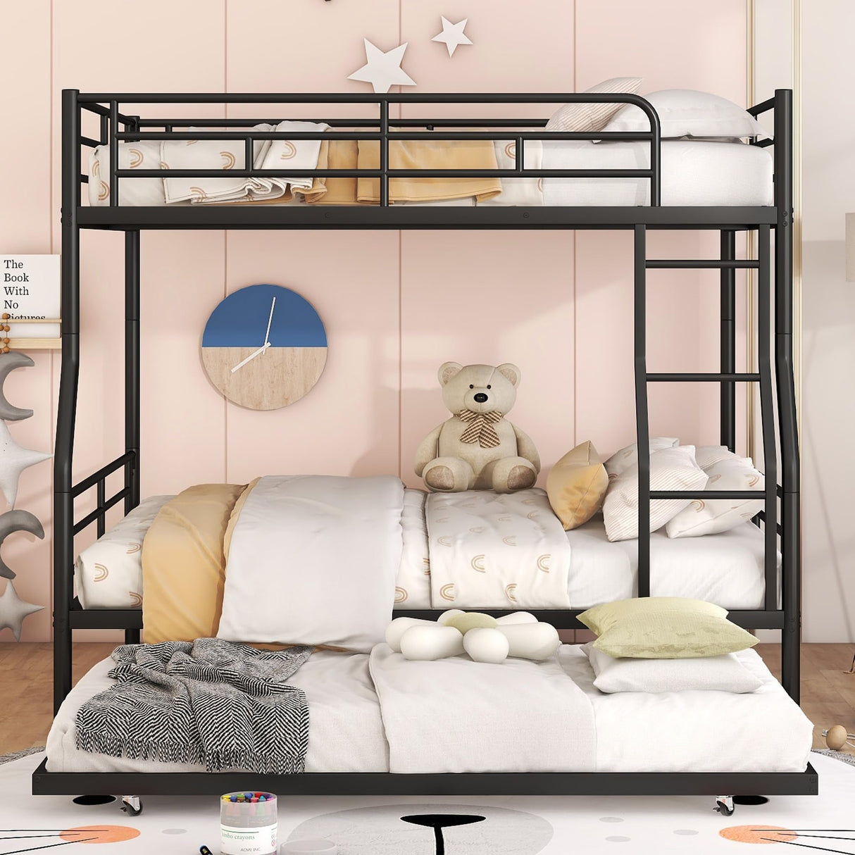 Harper & Bright Designs Full XL Over Queen Metal Bunk Bed with Trundle, Ladder & High Guardrail, Able to Split, Noise Free, Heavy-Duty Steel Loft Bed Frame with Safety Rail for Bedroom, Dorm (Black) Harper & Bright Designs