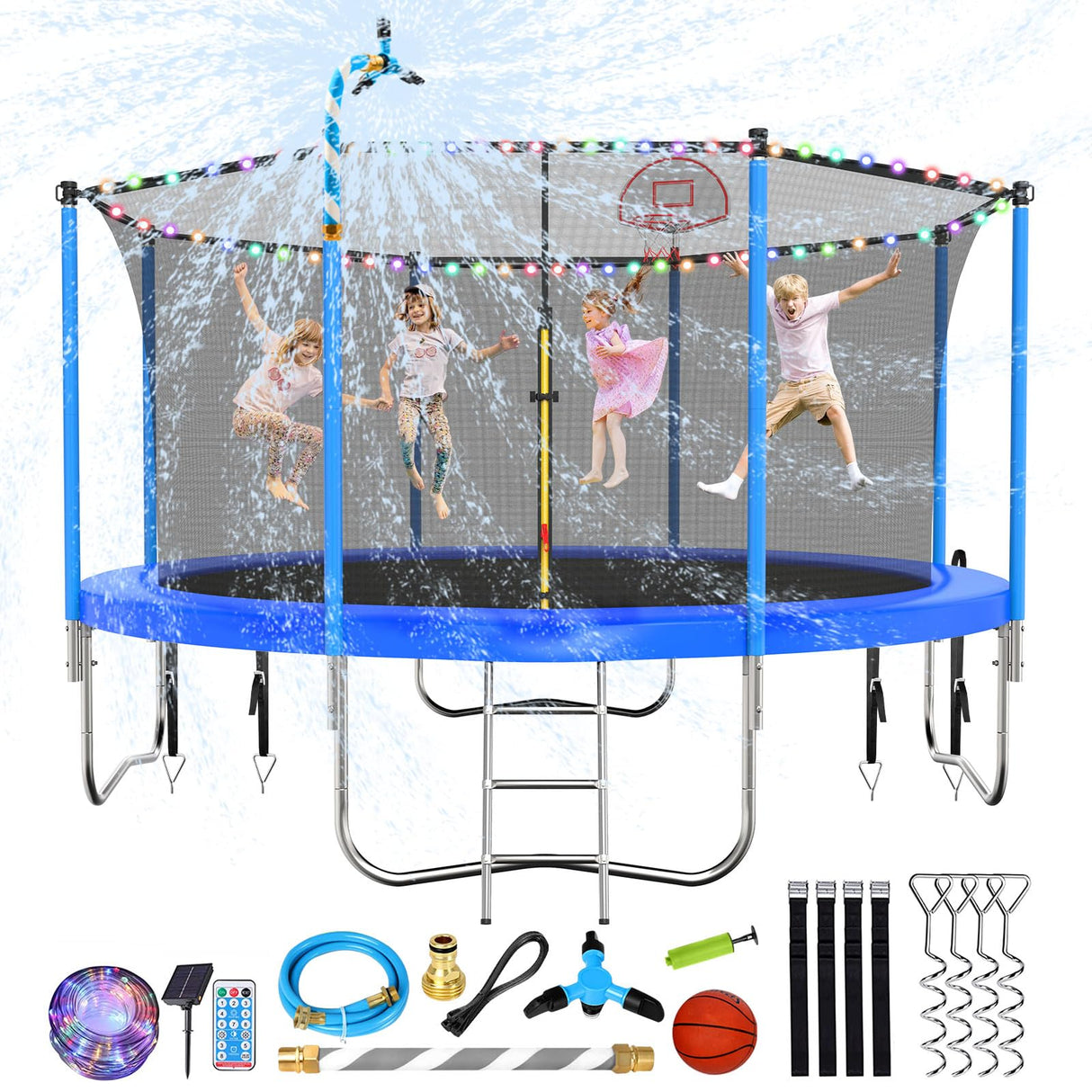 Lyromix Upgraded 12FT Trampoline with Lights, Large Outdoor Trampoline with Sprinkler,Basketball Hoop and Net, Capacity for 5-8 Kids and Adults, Cobalt Blue Lyromix