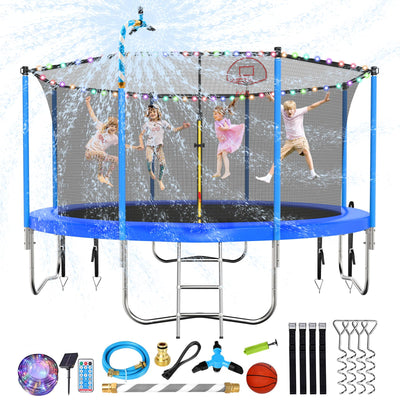 Lyromix Upgraded 12FT Trampoline with Lights, Large Outdoor Trampoline with Sprinkler,Basketball Hoop and Net, Capacity for 5-8 Kids and Adults, Cobalt Blue