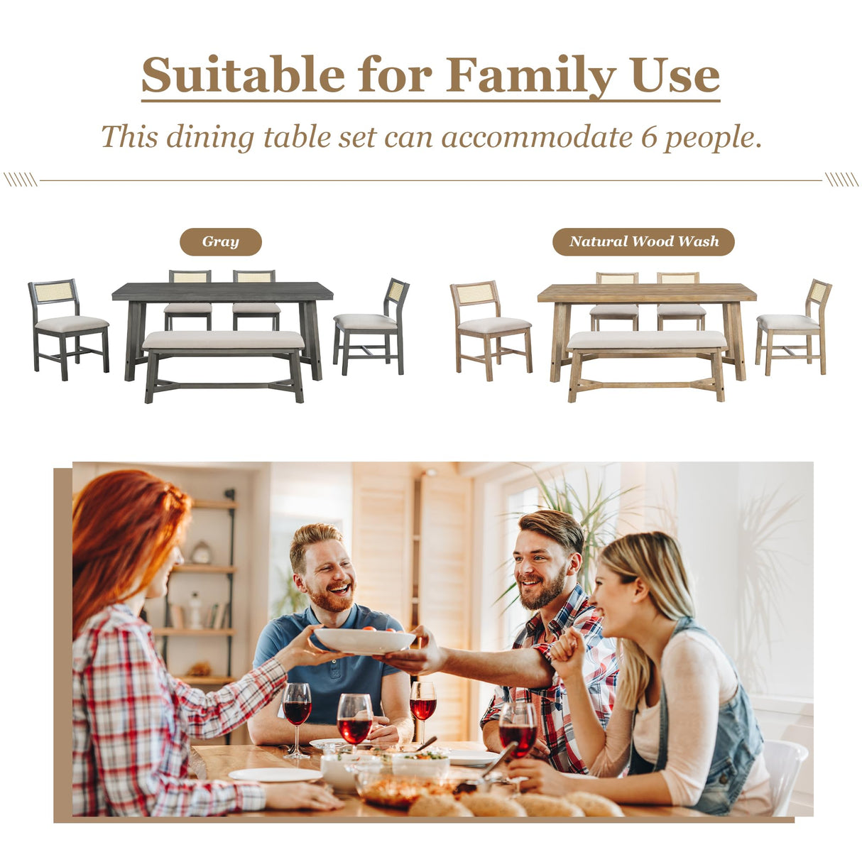 Wood Dining Table Set for 6 with 4 Chair & Bench, 6-Piece Rectangular Kitchen Table Set with 4 Upholstered Chairs & Bench Retro Dining Room Set for Dining Room (Natural Wood Wash) Harper & Bright Designs