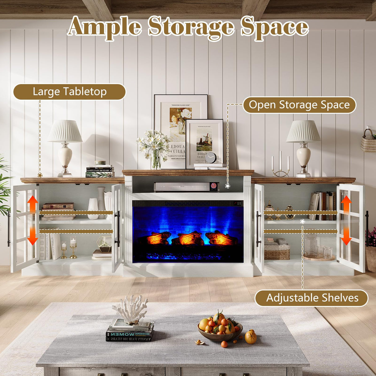 LUXOAK 97" Farmhouse TV Stand with 33" Fireplace for TVs up to 100", Media Entertainment Center with Large Storage Cabinet Adjustable Shelves for Living Room, White/Barnwood LUXOAK