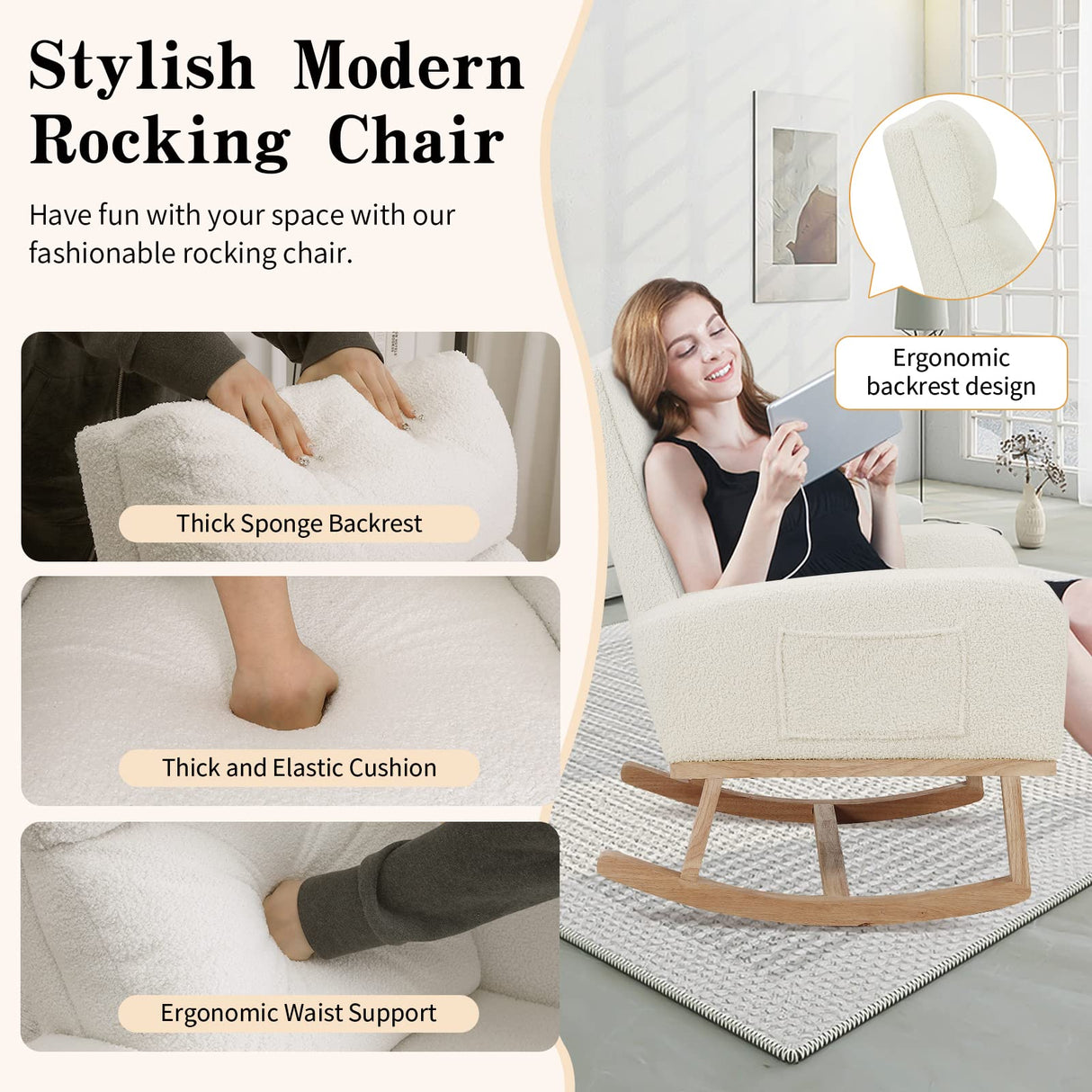 HCHAIRH Rocking Chair Nursery, Sherpa Nursing Rocking Armchair for Mom Nursery Morden Rocker Chair with High Backrest for Living Room,Bedroom,Teddy White HCHAIRH