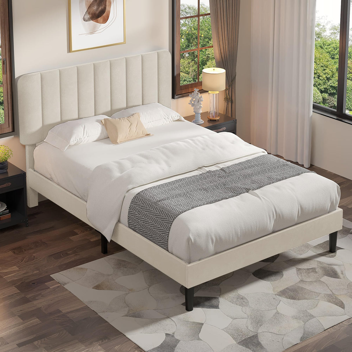VECELO Full Size Bed Frame with Upholstered Headboard, Velvet Platform Bedframe Mattress Foundation, Strong Wood Slat Support, No Box Spring Needed,Velvet Beige VECELO
