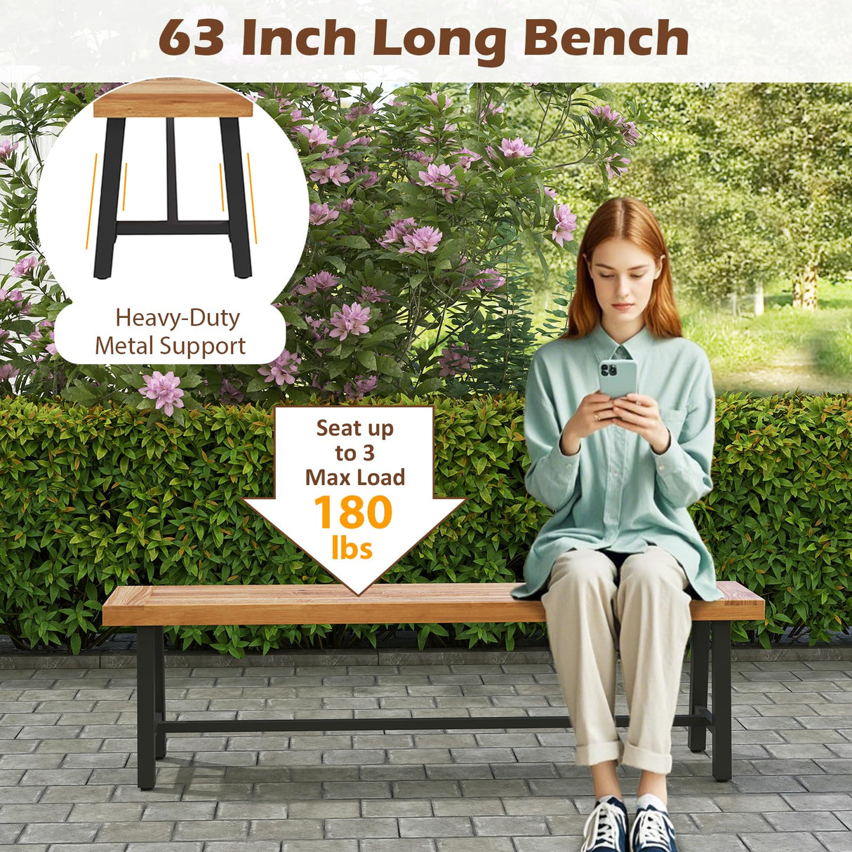 Toolsempire Outdoor Bench Garden Bench, 63" Backless Acacia Wood Bench with Heavy-Duty Metal Legs, Patio Dining Bench Front Porch Benches for Outside, Yard & Garden Toolsempire