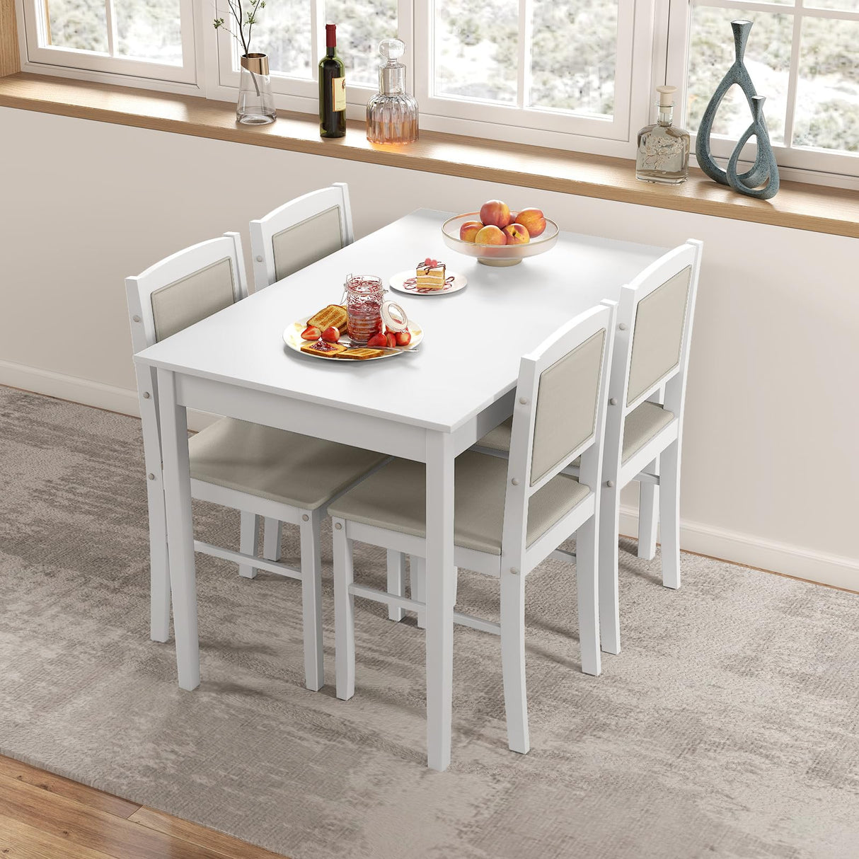 Tangkula Dining Table Set for 4, Farmhouse Solid Wood Dinette Set w/Rubber Wood Legs, Upholstered Seat & Padded Backrest, Mid-Century Modern Dining Table and Chairs Set for Kitchen, Dining Room Tangkula