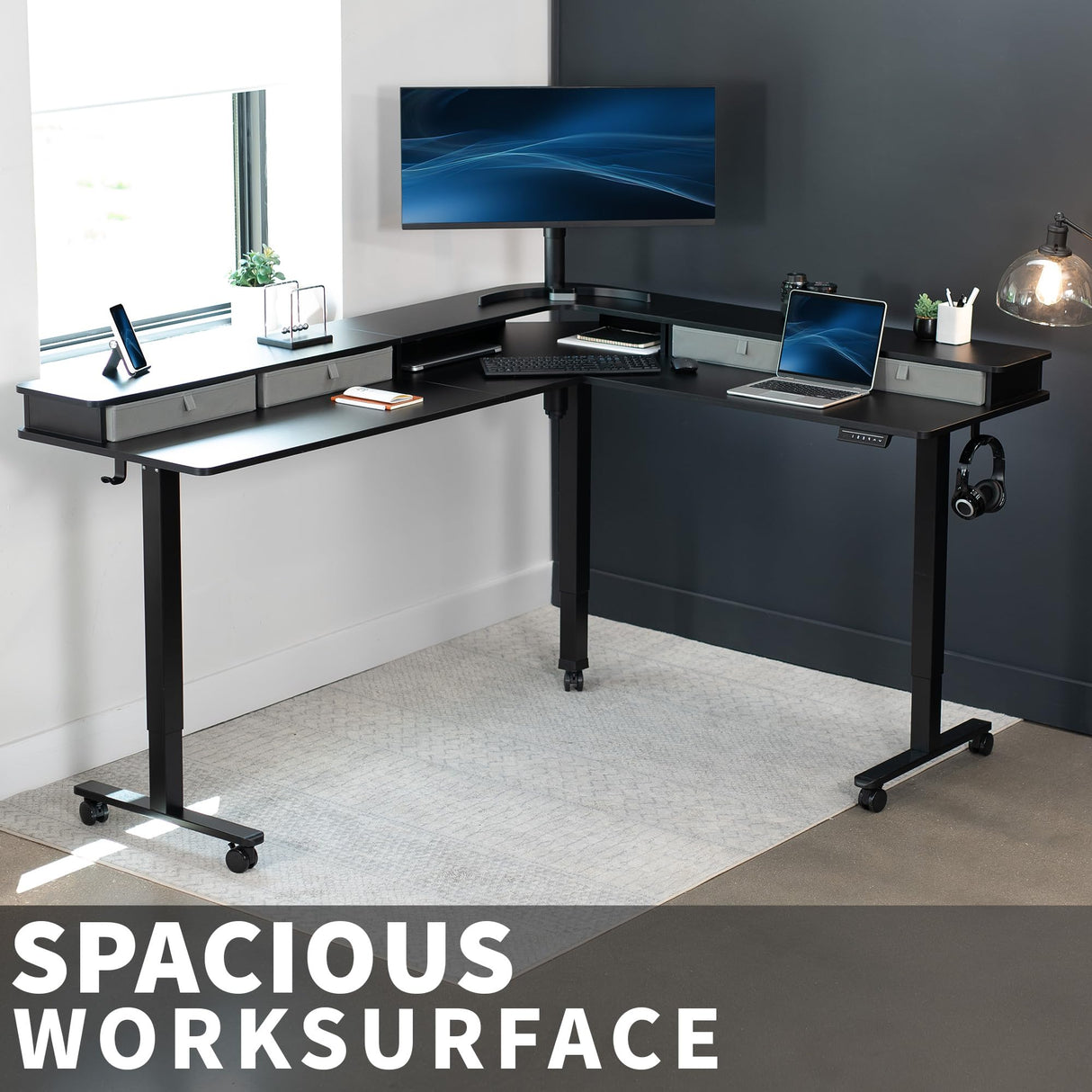 VIVO Electric 2-Tier Height Adjustable 75 x 63 inch Stand Up Corner Desk, L-Shaped Mobile Table with Memory Controller, Black Table Top, Black Frame, Dark Gray Storage Drawers, DESK-E3CVB-75 VIVO