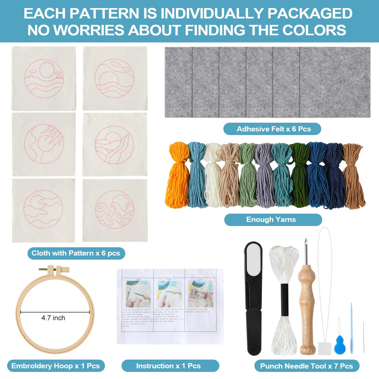 iienjoy Punch Needle Coasters Kit for Beginners Adults, 6 Pattern Embroidery Punch Needle Kits, Easy Tufted Rug Punch Decoration DIY Kit with Patterns, Tools, Yarns, Hoop, Instruction iienjoy