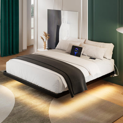 Einhomn Full Size Floating Bed Frame with Smart LED Lights and Charging Station - Heavy Duty Metal Design, Easy Assembly, Black