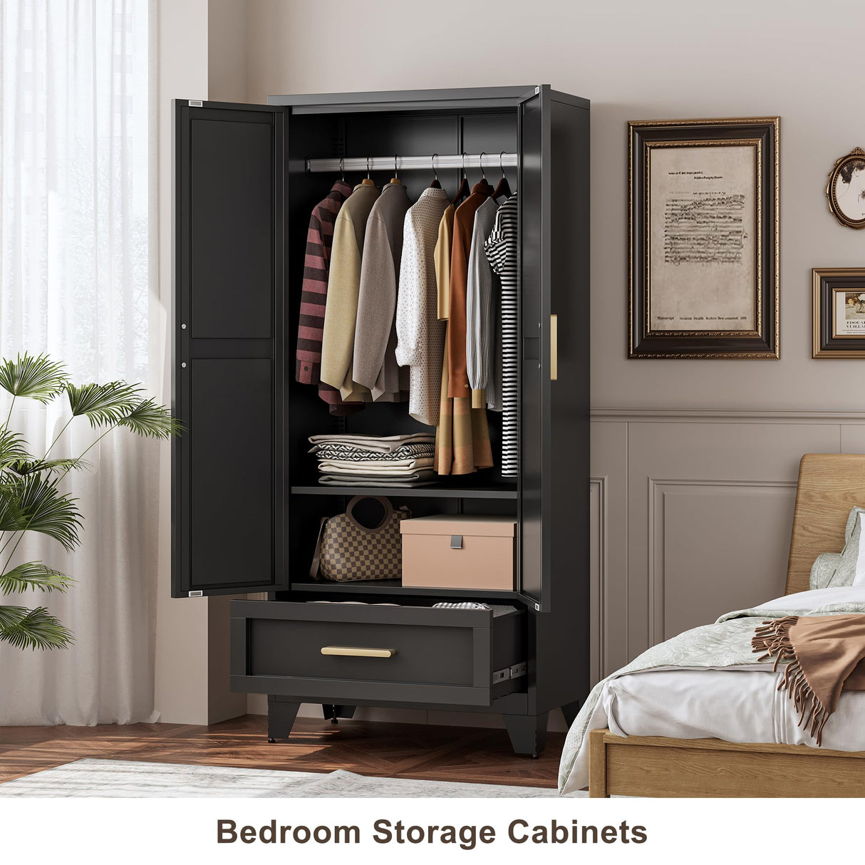 QINPTWUT 71" Large Capacity Metal Wardrobe with 1 Drawer and Adjustable Shelf - Heavy Duty Steel Storage Cabinet for Bedroom, Office,Laundry Room,Bedroom and More (Black, 71" - 1 Drawer) QINPTWUT