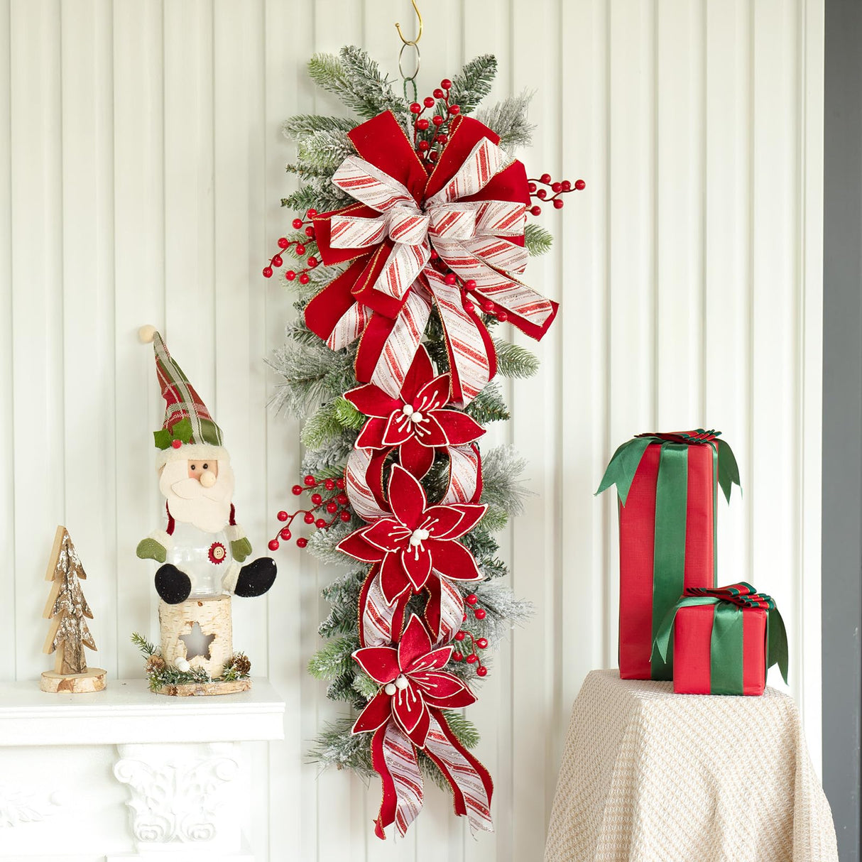 36 Inch Pre-Lit Christmas Teardrop Swag, Soomeir Winter Holiday Swags Wreaths with Red Velvet Glitter Stripe Ribbon, Red Berries for Front Door, Wall Window Fireplace Mailbox Artificial Decor Soomeir