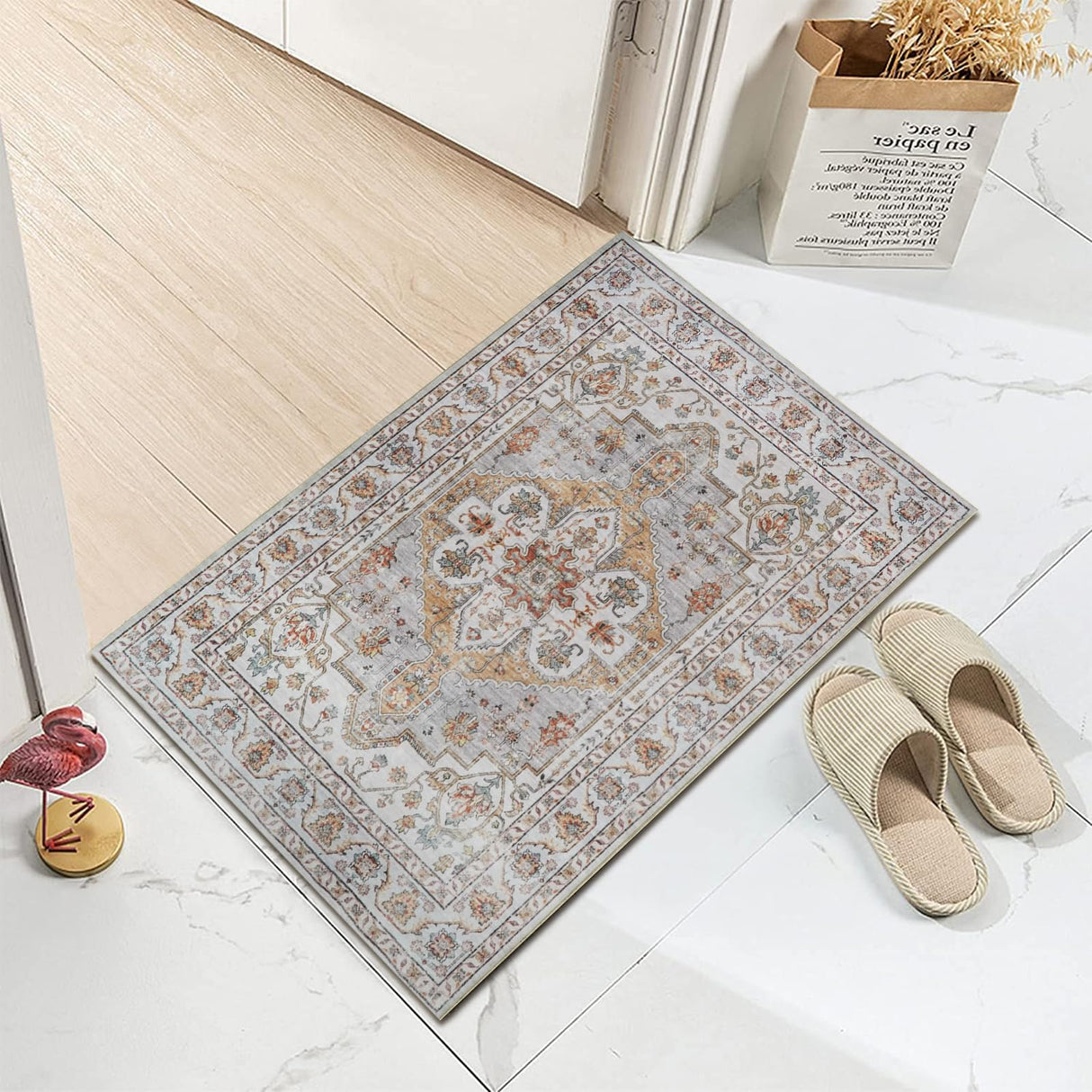 Washable Hallway Runner Rug 2x3: Non Slip Runner Rugs with Rubber Backing Soft Kitchen Rug Farmhouse Distressed Carpet Runner for Living Room Bedroom Bathroom (Turmeric/Grey, 2X3) TOPRUUG