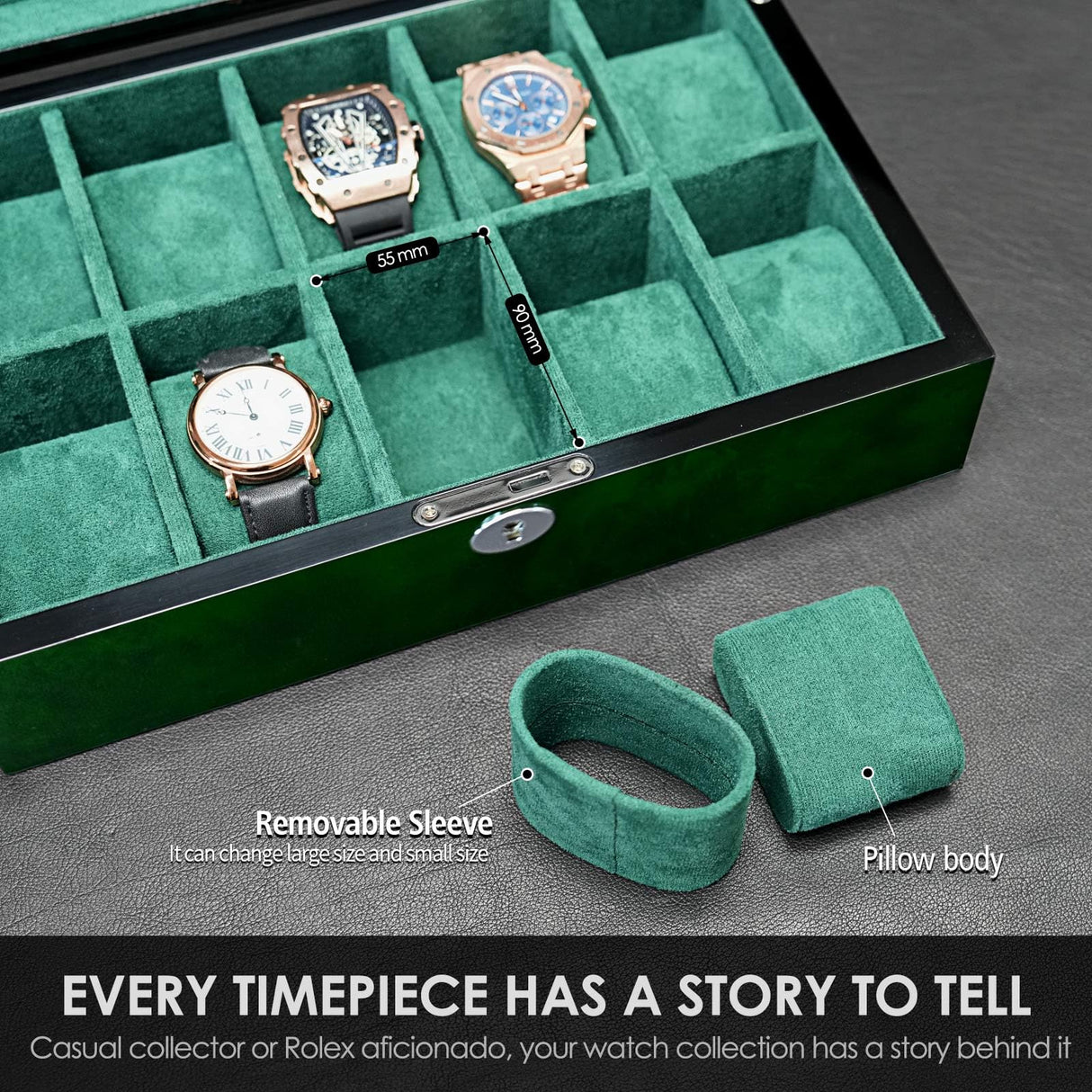 SYENS Watch Box for Men 10 Watches Storage Organizer Case, Smart Watch Display, Green Wood with Soft Suede Interior, Large Glass Window, Gift for Women and Man (10W-GR) SYENS