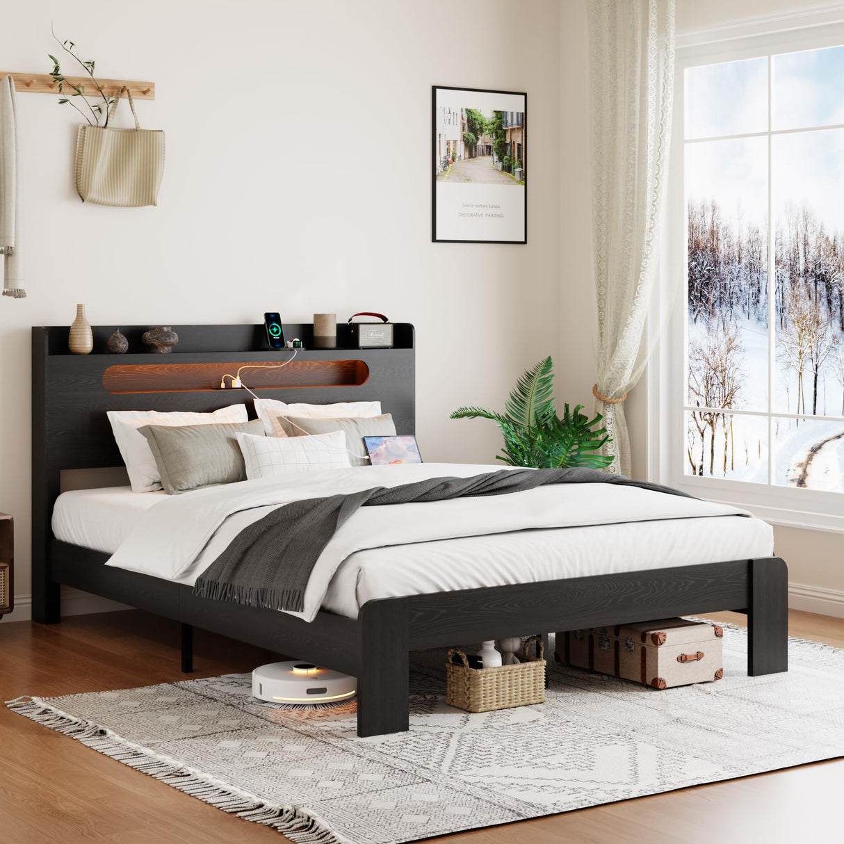 SAMTRA Wooden King Size Bed Frame with Storage Headboard, Farmhouse Platform Bedframe with Charging Station & Led Lights, Sturdy Wood Slat Framework, Easy Assembly (Rustic Black, King) SAMTRA