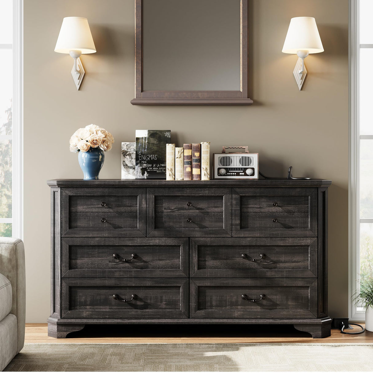 IRONCK Farmhouse 7 Drawers Dresser for Bedroom, 59" Long Dresser with Charging Station, Natural Texture, Vintage Design, for Bedroom, Charcoal IRONCK