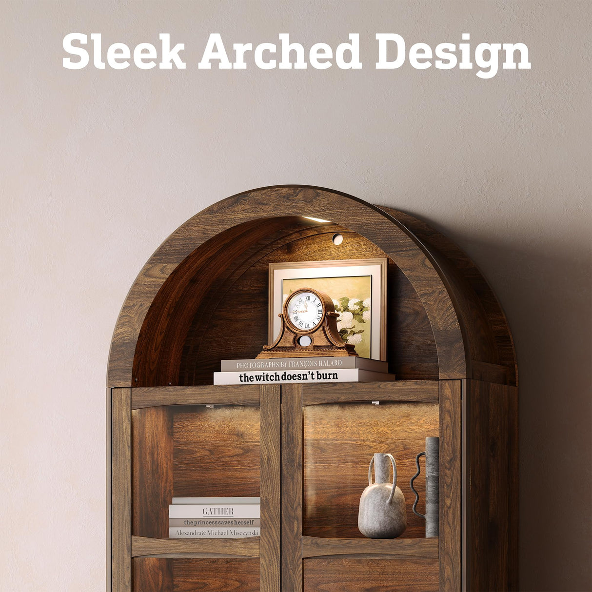 STO'SENSE 73" Tall Arched Bookshelf with LED Lights,4-Tier Modern Farmhouse Arched Bookcase with Glass Doors and Shelves,Wooden Display Cabinet with 2 Drawers for Living Room, Dining Room (Walnut) STO'SENSE