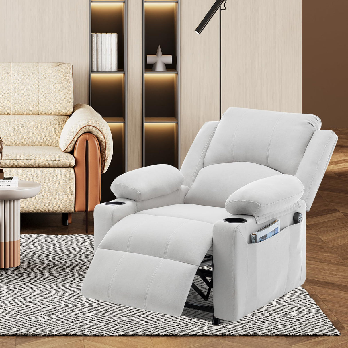 Power Recliner Chair for Adults,Upholstered Nursery Reclining Sofa Chair,Heating Point Massage Theater Seating Single Sofa with Side Pockets Table for Living Room-Grey White Alunaune