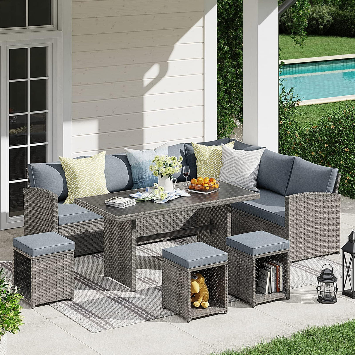 JOIVI Outdoor Patio Furniture Set, 7 Piece Patio Dining Sofa Set, Outdoor Sectional Couch Conversation Set All Weather Wicker Rattan Aluminum Desktop Dining Table & Chair with Ottomans, Gray Cushion JOIVI