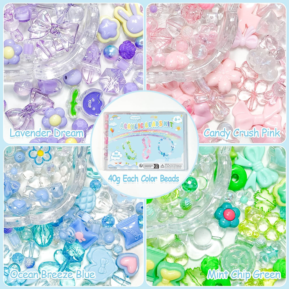 JoyJellies Assorted Beads Bracelet Making Kit, 260+Pcs Charms Keychain Making Kit with String Key Ring Clips Cute Bow Heart Acrylic Beads for Bracelets DIY Arts and Crafts Girls Jewelry Making JoyJellies
