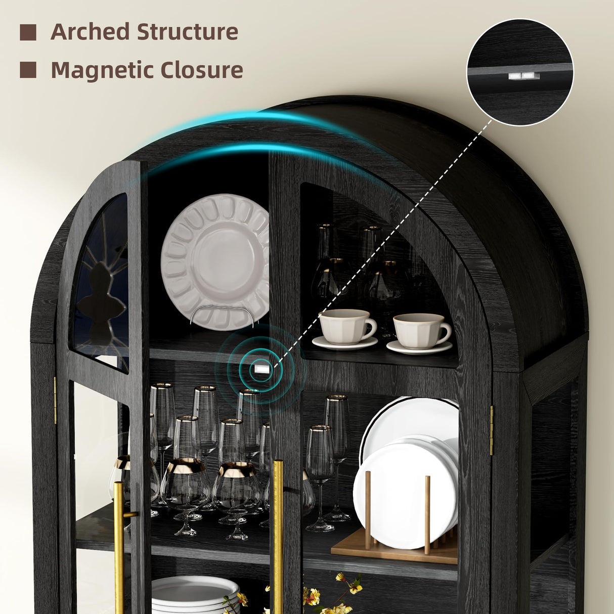 Vlsrka 71" Arched Display Cabinet with Glass Doors, 4-Tier Curio Cabinet with 3 Color Lights for Collectibles, Glass Display Case with Human Body Sensor, Display Shelf with 2 Drawers, Black Vlsrka