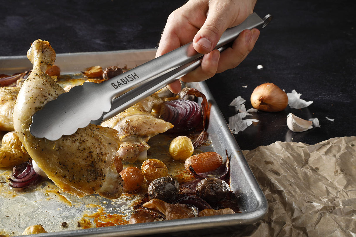 Babish 12” & 9” Locking Kitchen Tong Set, Stainless Steel Babish