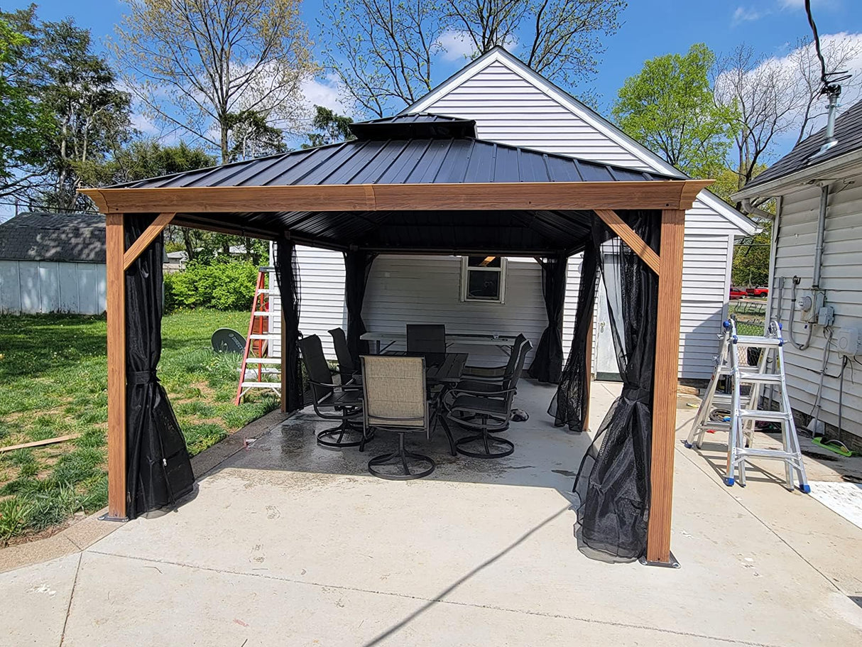 PURPLE LEAF 12' X 18' Outdoor Hardtop Gazebo for Patio Galvanized Steel Double Roof Permanent Canopy Teak Finish Coated Aluminum Frame Pavilion Gazebo with Netting PURPLE LEAF