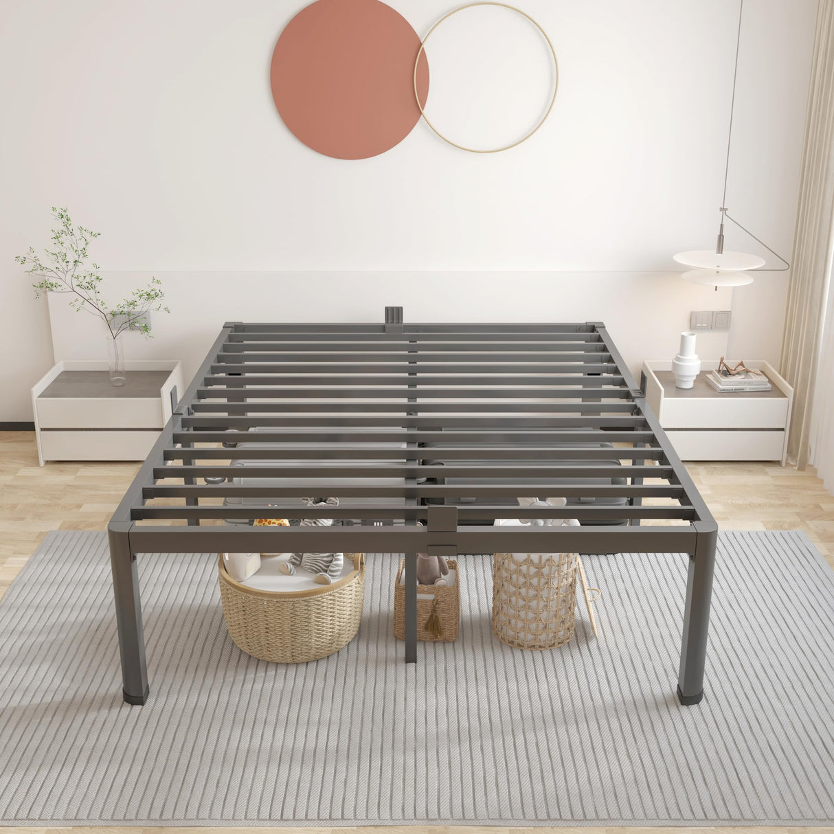 ROIL 16 Inch King Bed Frame with Rounded Corner and Headboard Hole Mattress Retainers 3500LBS Metal Heavy Duty Steel Slats No Box Spring Needed Platform Noise-Free Easy Assembly ROIL