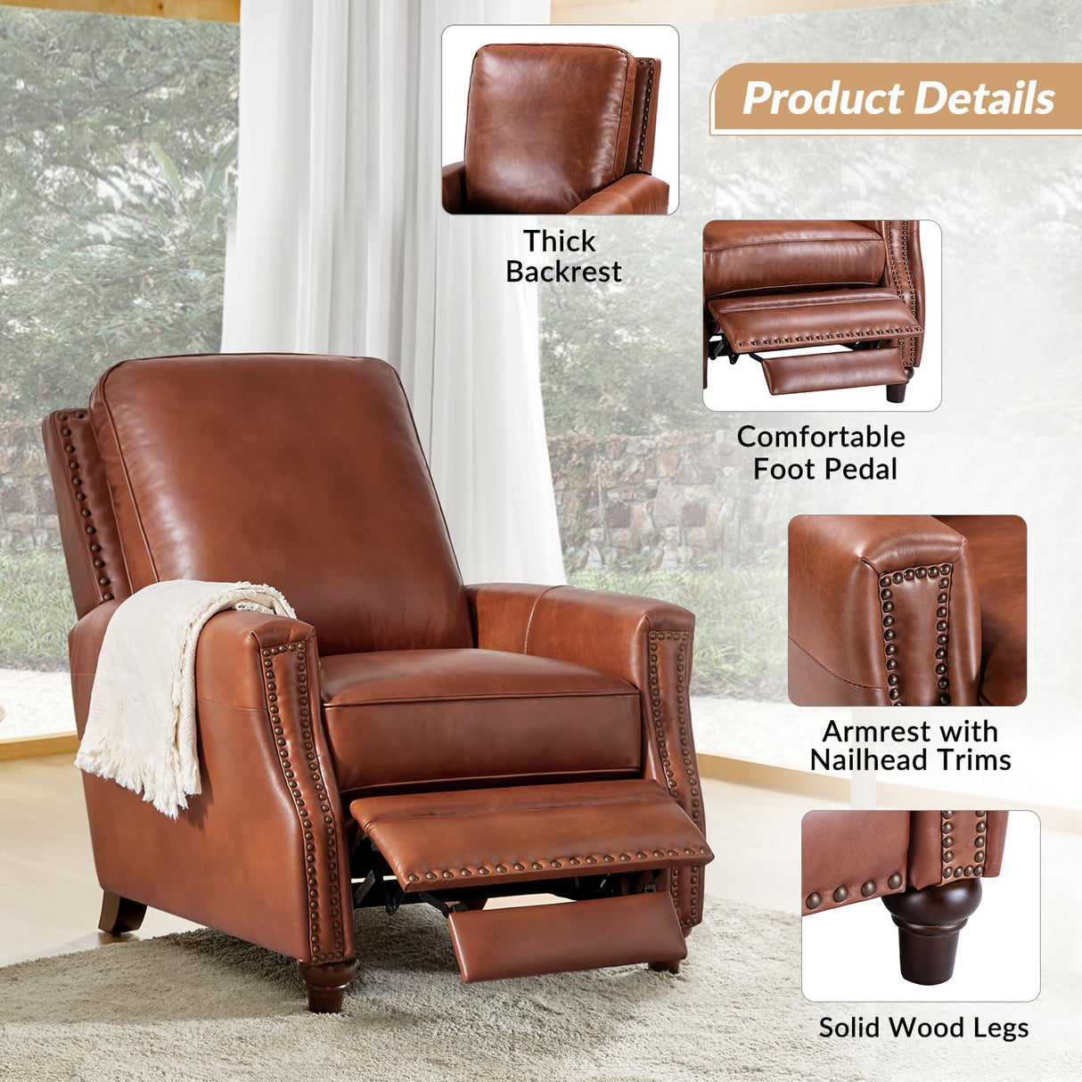 HULALA HOME Genuine Leather Recliner Chair, Classic Push Back Recliner Armchair with Thick Seat and Backrest (Saddle) HULALA HOME