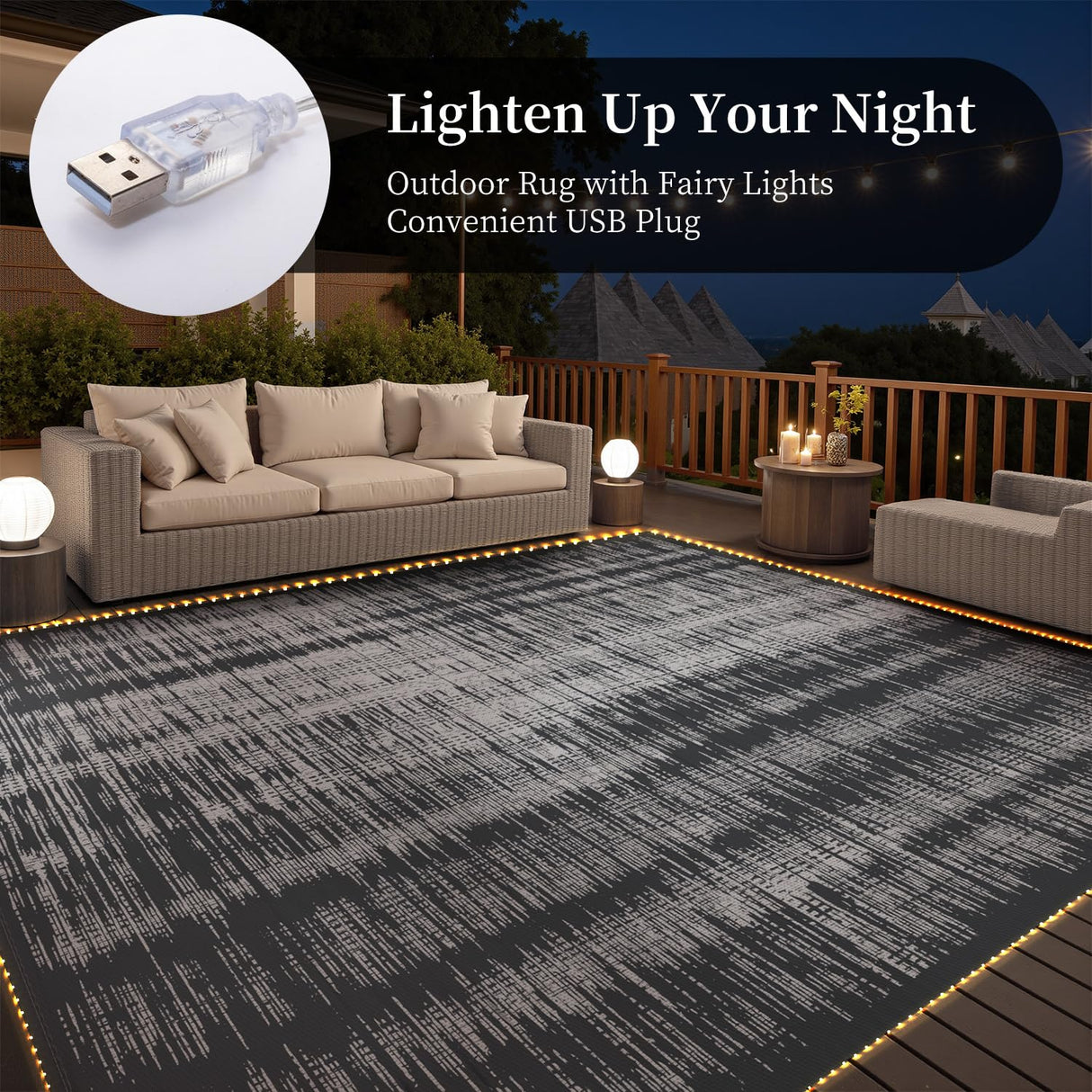 MontVoo Outdoor Rug Waterproof 9x12 ft with Strip Lights Outdoor Patio Rug Mat Reversible Plastic Straw Rug Outside Outdoor Rug for RV Camping Picnic Balcony Backyard MontVoo