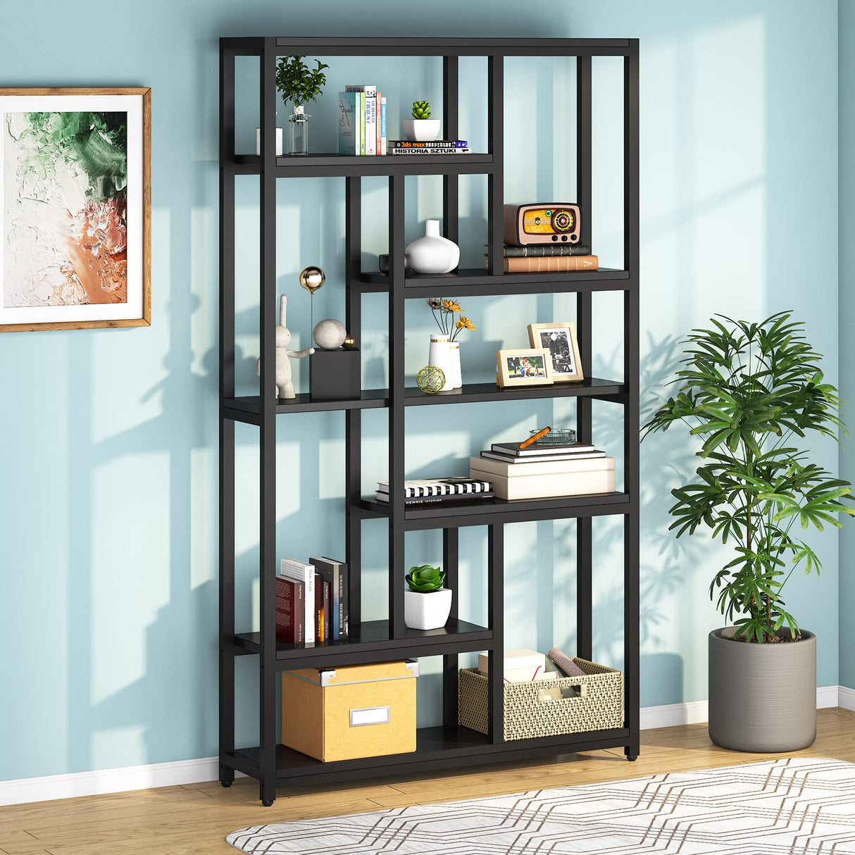 79-Inch Tribesigns 7-Tier Industrial Bookshelf with 10 Open Shelves in Black Tribesigns