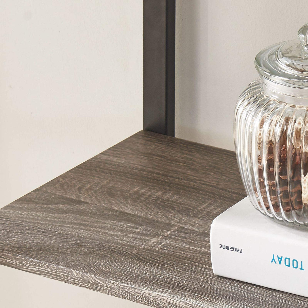 BON AUGURE 5-Tier Ladder Shelf, Industrial Leaning Bookcase, Wood and Metal Ladder Bookshelf for Living Room, Bedroom, Kitchen, Home Office (Grey Oak) BON AUGURE