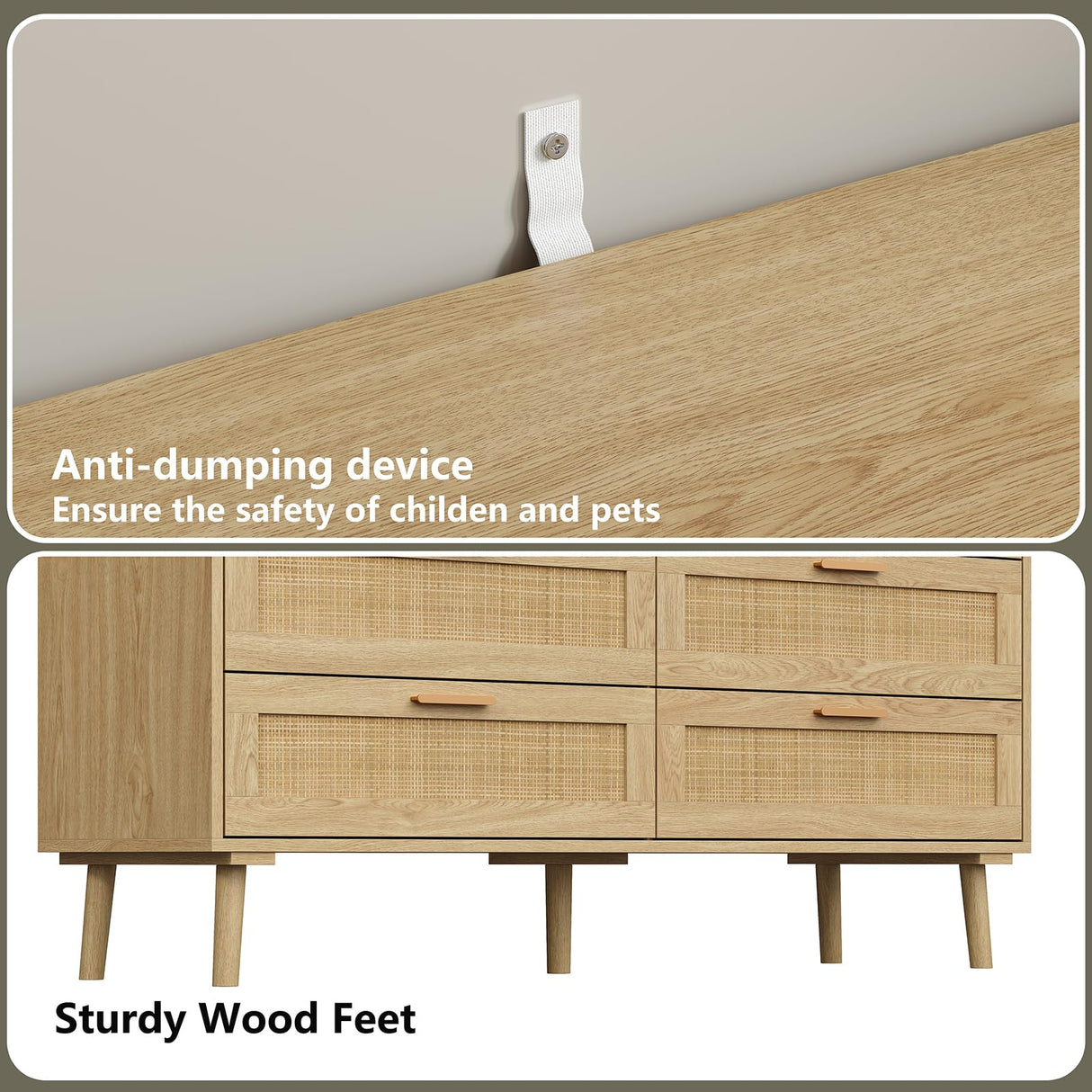 Furniouse 6 Drawer Double Dresser for Bedroom, 47.3" Rattan Chest of Dressers with Storage and Gold Handle, Natural Rattan Dresser for Living Room, Hallway, Entryway Furniouse