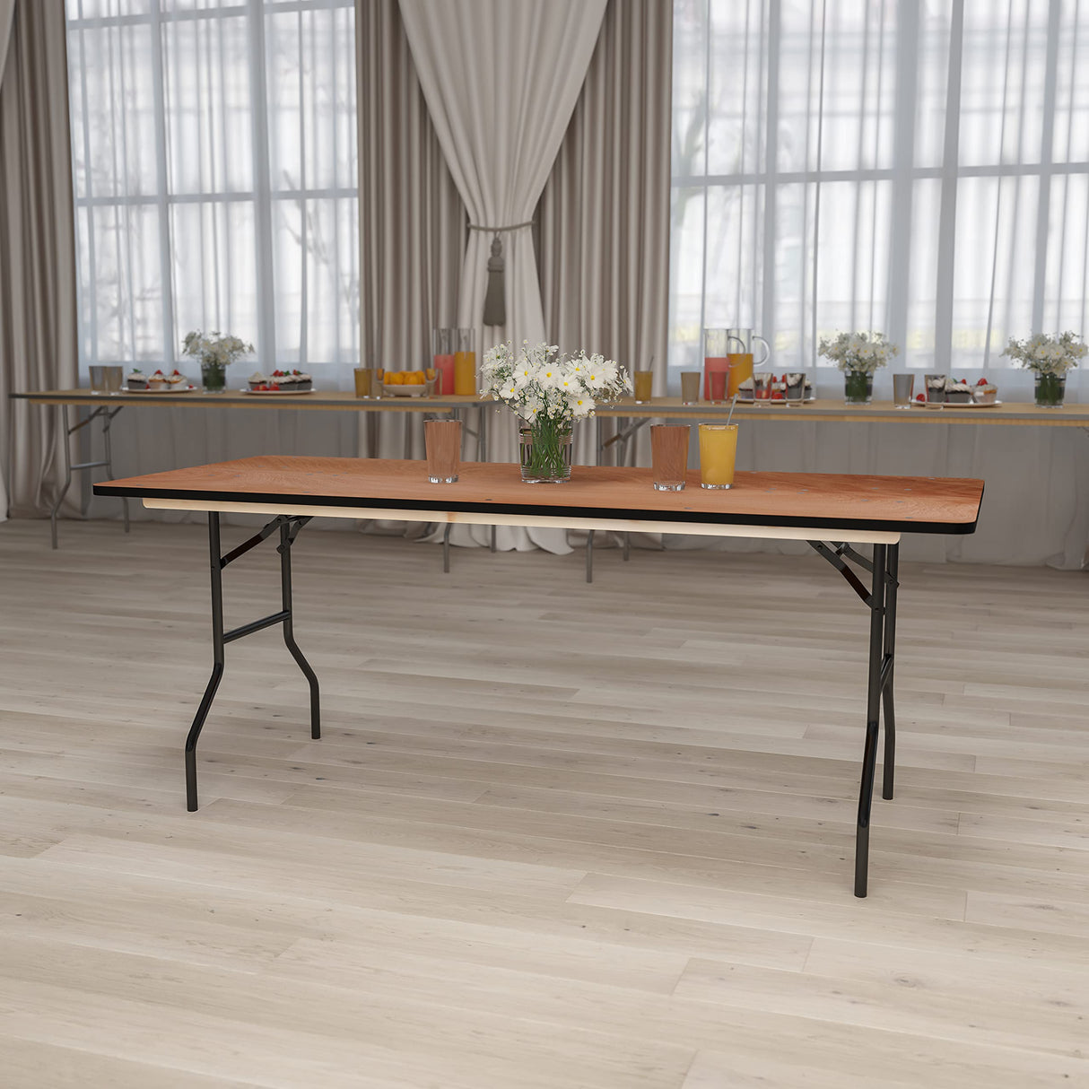 EMMA + OLIVER 6-Foot Rectangular Wood Folding Banquet Table with Clear Coated Finished Top EMMA + OLIVER