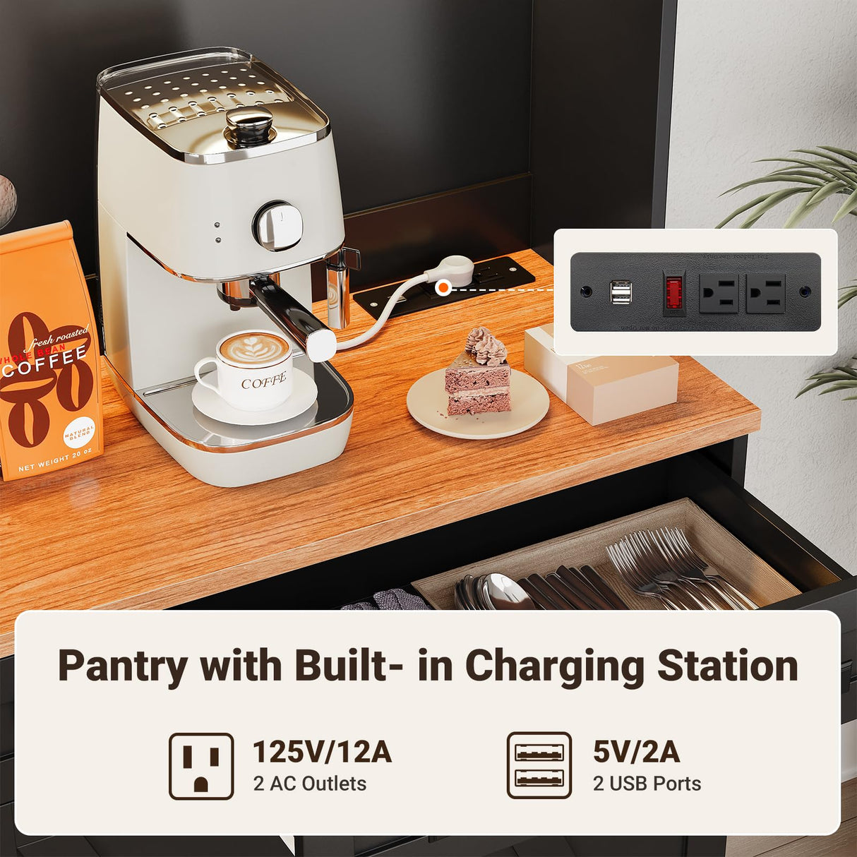 ELYKEN 71" Pantry Cabinet with Charging Station & LED Lights, Tall Kitchen Pantry with Hutch, Microwave Stand, Farmhouse Pantry with Door Shelf & Drawer & Adjustable Shelf for Dining Room, Black ELYKEN