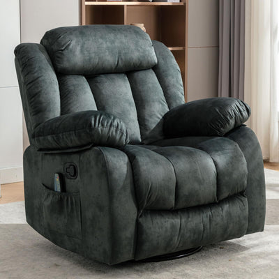 INZOY Massage Swivel Rocker Recliner with Heat and Vibration, Manual Rocking Recliner Chair with Vibrating Massage, Comfy Padded Overstuffed Soft Fabric Heated Recliner, Grayish Green