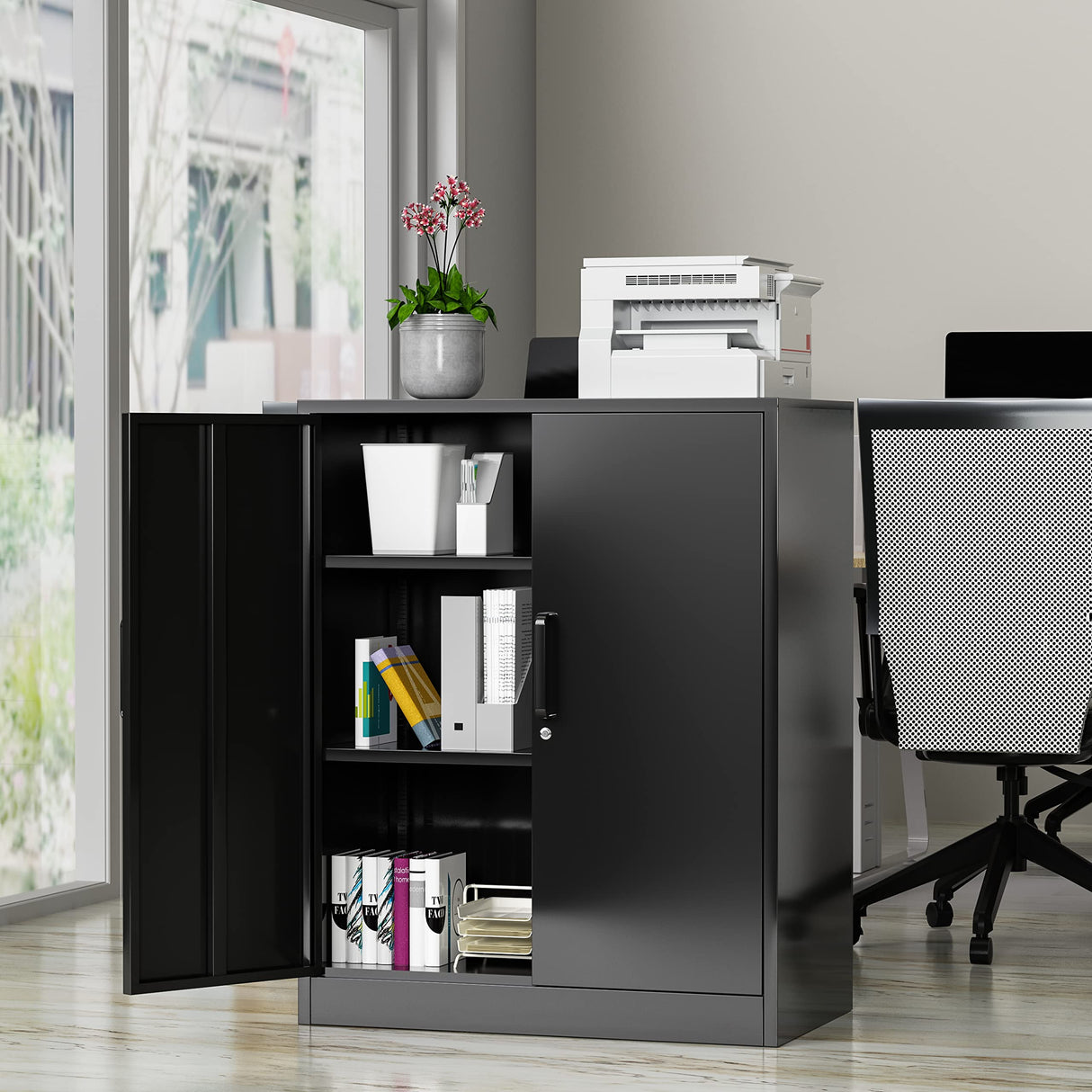 AFAIF Metal Storage Cabinets with Locking Doors&2 Adjustable Shelves, Lockable Steel Office Cabinet, Black Counter Cabinet Small Locking Cabinet Locked Tool Cabinet for Home, Office, Garage, Hallway AFAIF