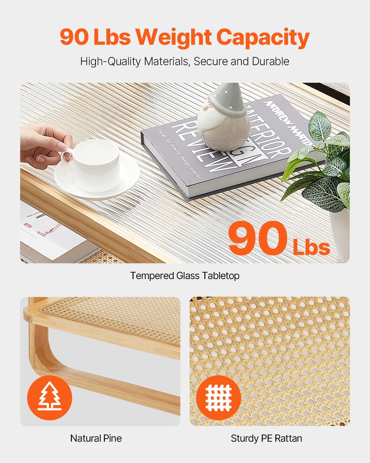 VEVOR Rattan Coffee Table, Rectangle Rattan Woven Wood Coffee Table with Tempered Glass Top, 45-Inch Modern Boho Storage Coffee Table with Natural Wood Legs, for Living Room, Bedroom & Small Spaces VEVOR