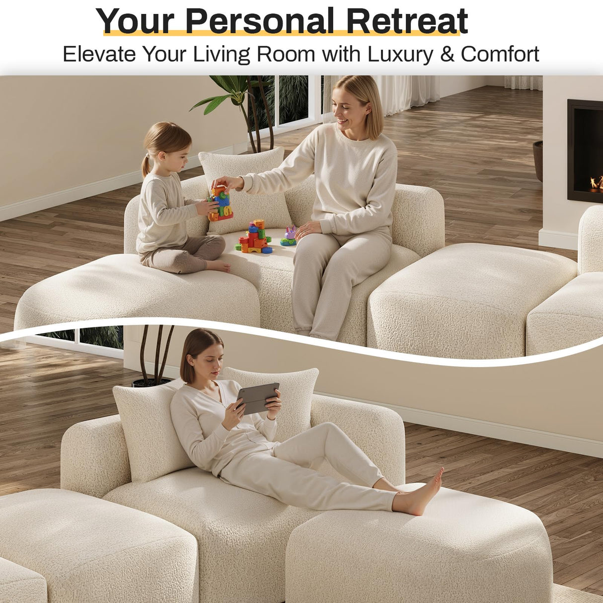 OUYESSIR Modern Oversized Curved Sectional Sofa for Living Room, 119" Luxury Plush Chenille Convertible Modular Sectional Sofas with Ottoman,Minimalist L-Shape Curved Cloud Couch, Cream White OUYESSIR