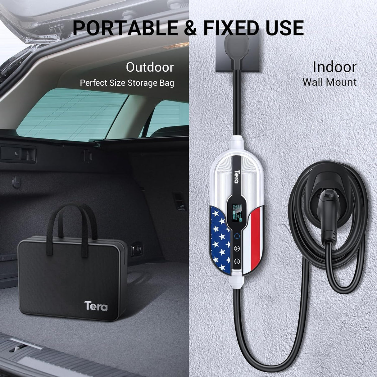 Tera Electric Vehicle Charger for Tesla: Level 1 & 2 J1772 EV Portable 32A 8A 110V 240V Wall Connector Dual Use ETL NEMA 14-50 & 5-15 Wi-Fi Enabled 25FT Cable with Holder P01 Tera