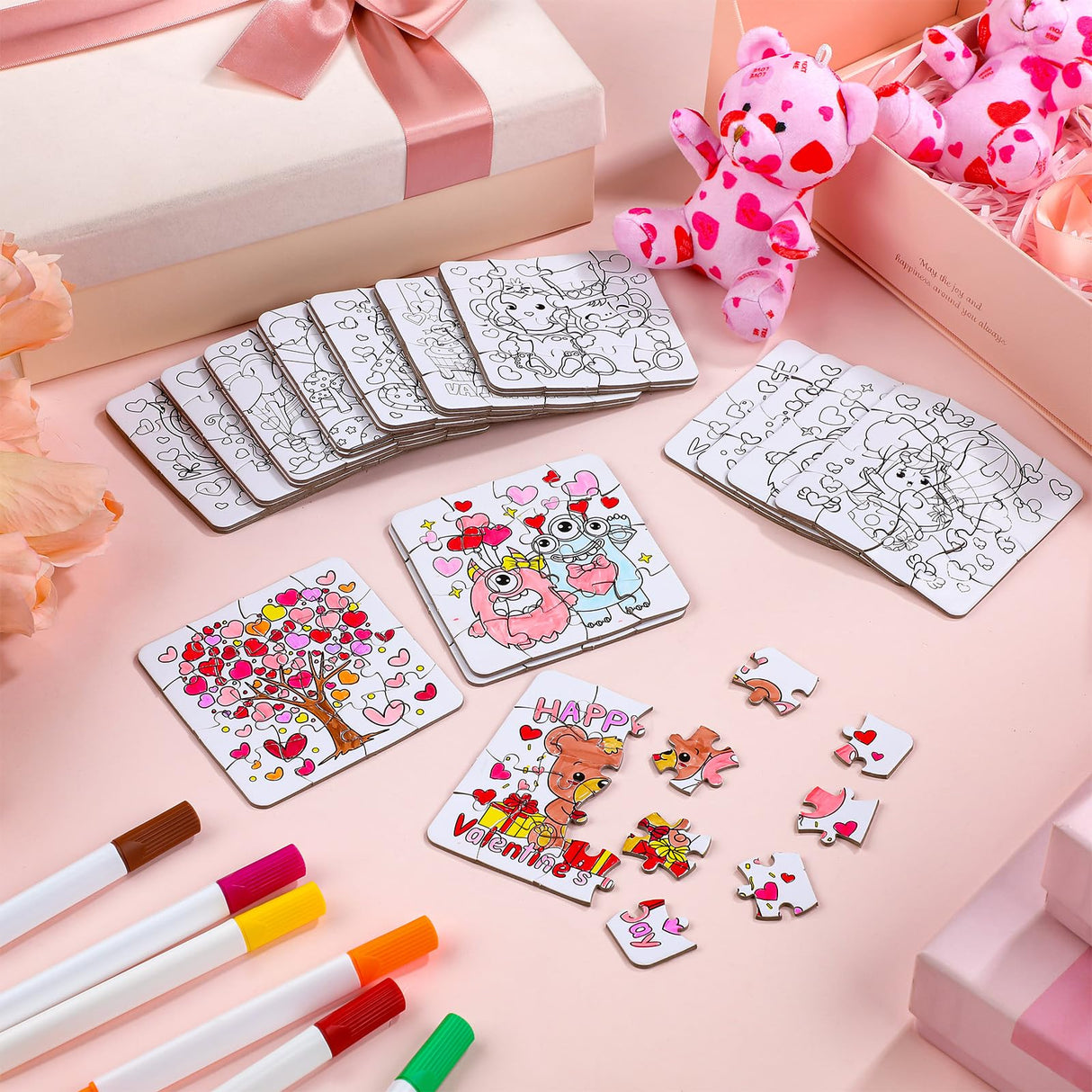 Realspring 24 Pack Color Your Own Valentine's Day Jigsaw Puzzles for Kids Coloring DIY Valentine Day Puzzle Paper Party Favors Gift Valentines Classroom Activities Educational Puzzles Jigsaw Game Toy Realspring