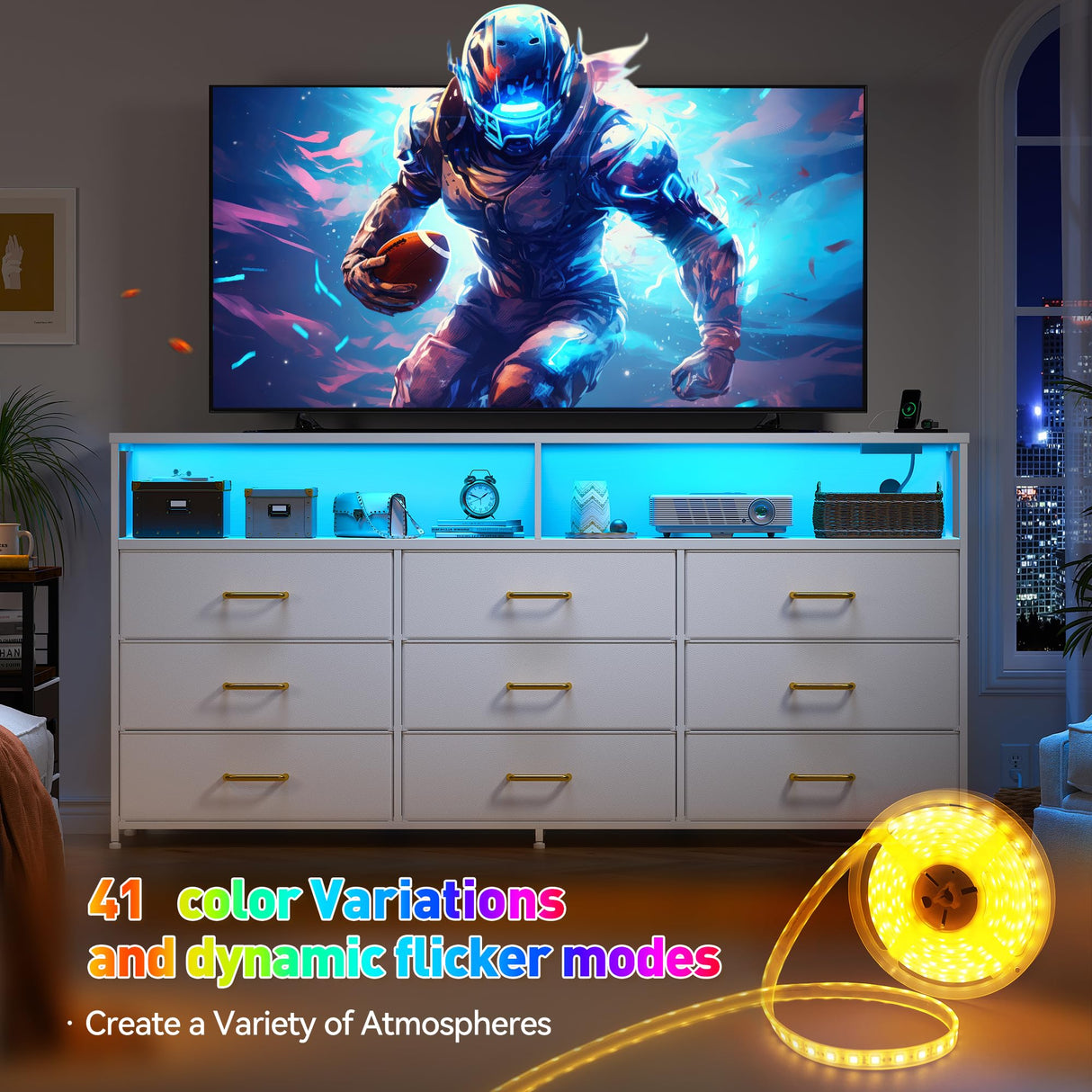 EnHomee 55” W Dresser, White Dresser for Bedroom with Power Outlet & LED Lights for 65" TV Stand for Bedroom Dresser with 9 Fabric Drawers, Sturdy Dressers for Bedroom, Closet, Entryway EnHomee