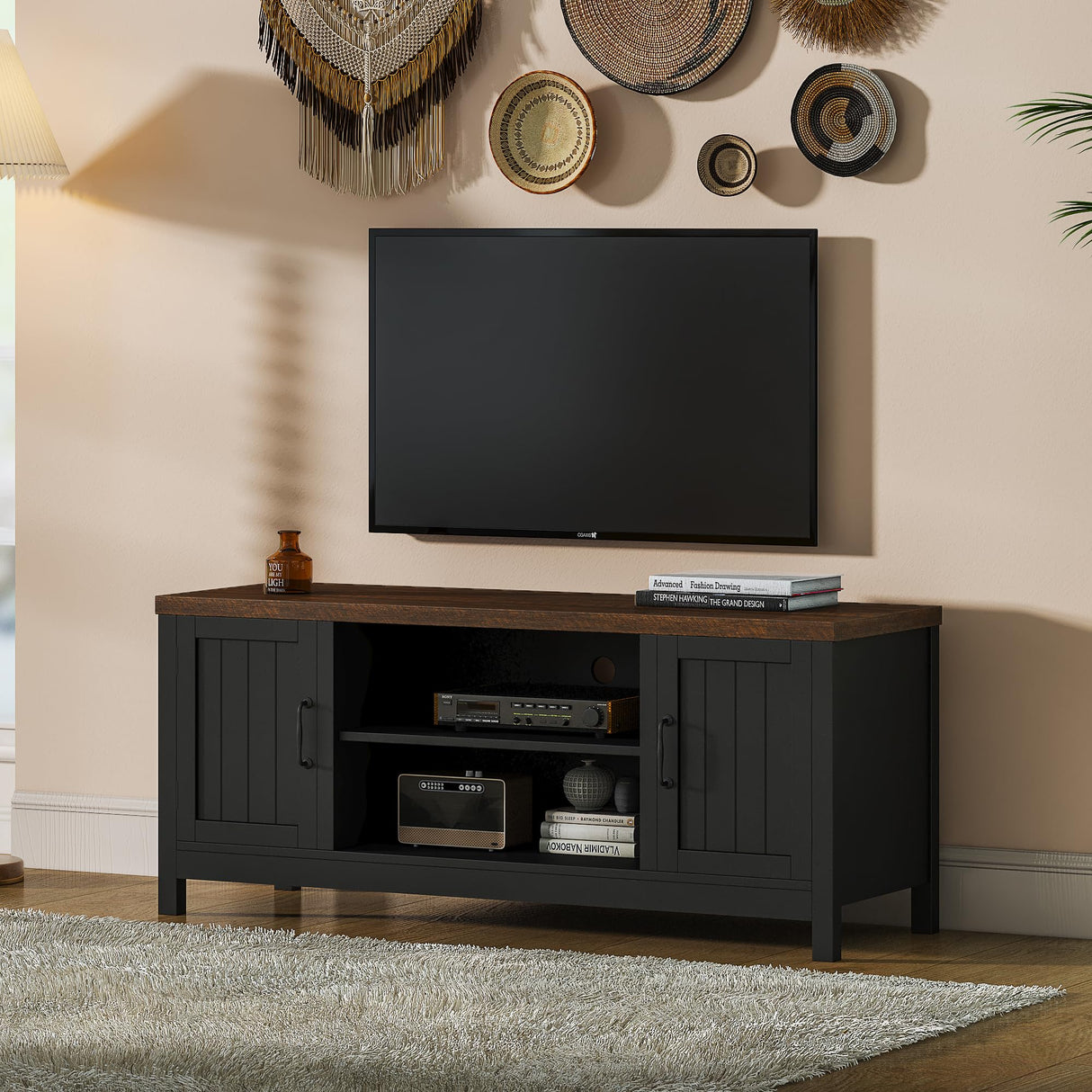 ChooChoo Farmhouse TV Stand, Wood Grooved Door Entertainment Center with Storage Cabinets and Open Shelves, Rustic Media Console up to 55 inches for Living Room, Bedroom, Black ChooChoo