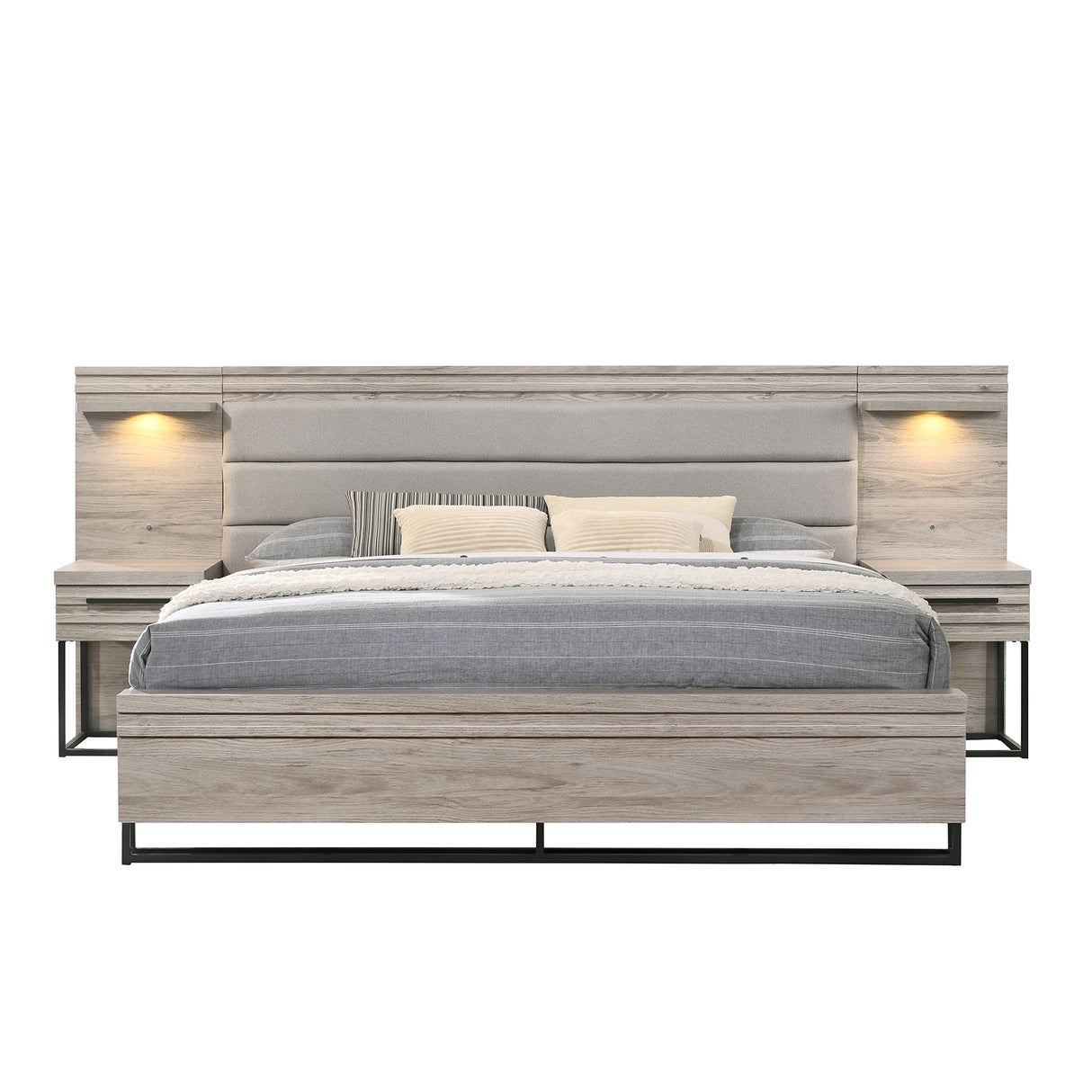 Roundhill Furniture Alvear Upholstered Wood Wallbed Bed with White LED Lights, 2 Nightstand, King, Weathered Gray Roundhill Furniture