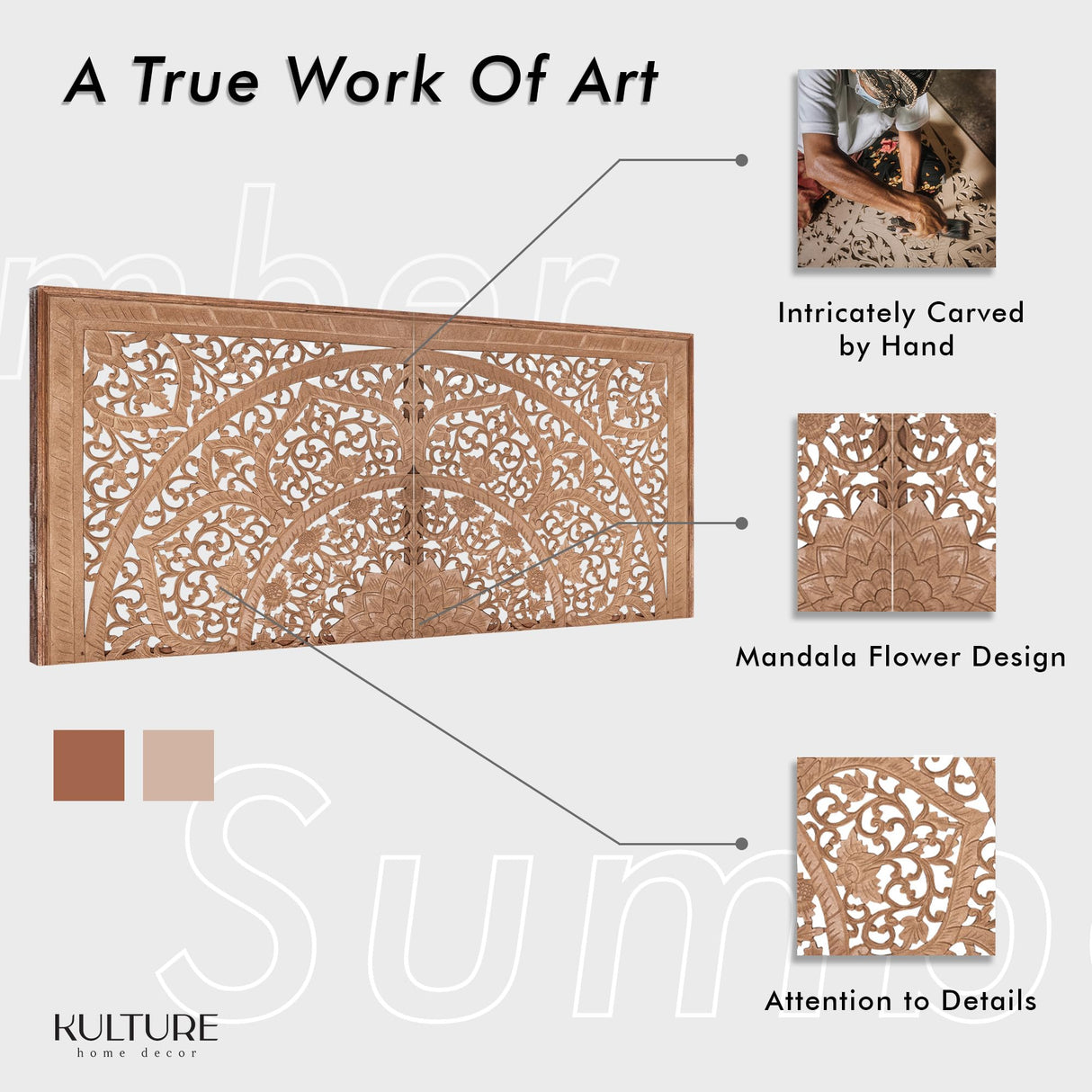 King Wood Headboard | Carved Full Headboard Only | Wooden Headboard Full Size Bed | Wall Mount Headboard King | Full Bed Headboard Panels (Cal King, Sumber, Natural) KultureDeco