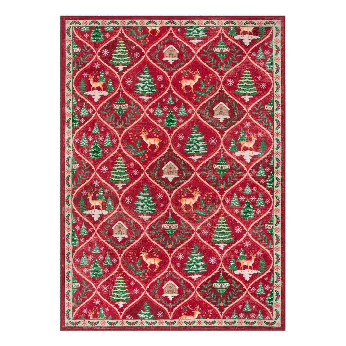 Lahome Christmas Living Room Rug, 5x7 Print Christmas Reindeer Rugs for Bedroom Aesthetic Large Washable Carpet, Soft Xmas Tree Stain Resistance Dining Room Carpets for Under Table (Red) Lahome