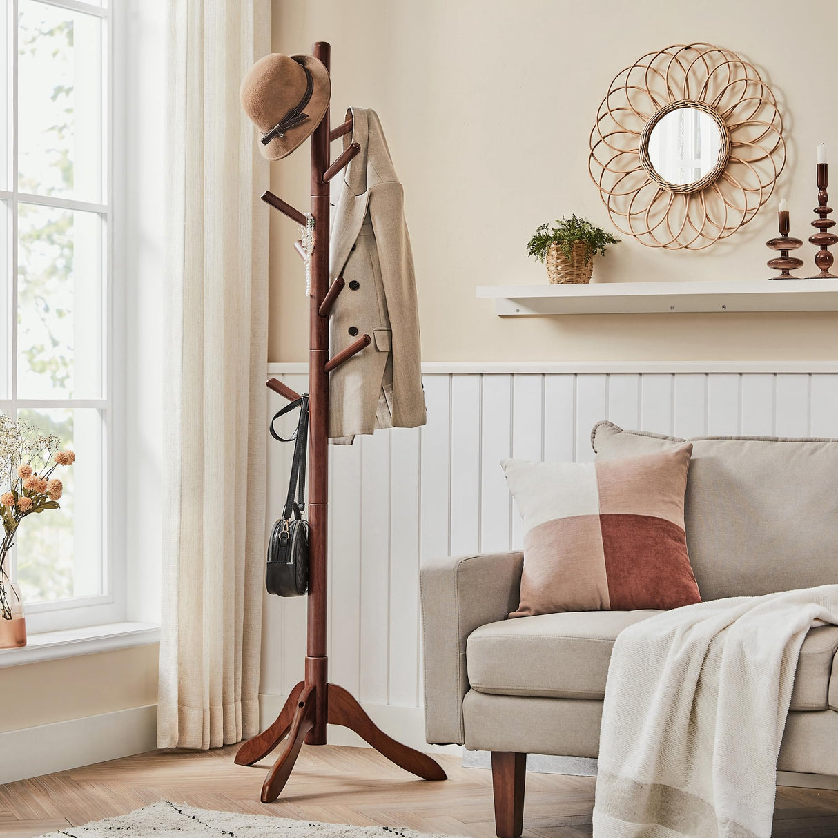 VASAGLE Solid Wood Coat Rack, Free Standing Coat Rack, Tree-Shaped Coat Rack with 8 Hooks, 3 Height Options, for Clothes, Hats, Bags, for Living Room, Bedroom, Home Office, Dark Walnut URCR01WN VASAGLE