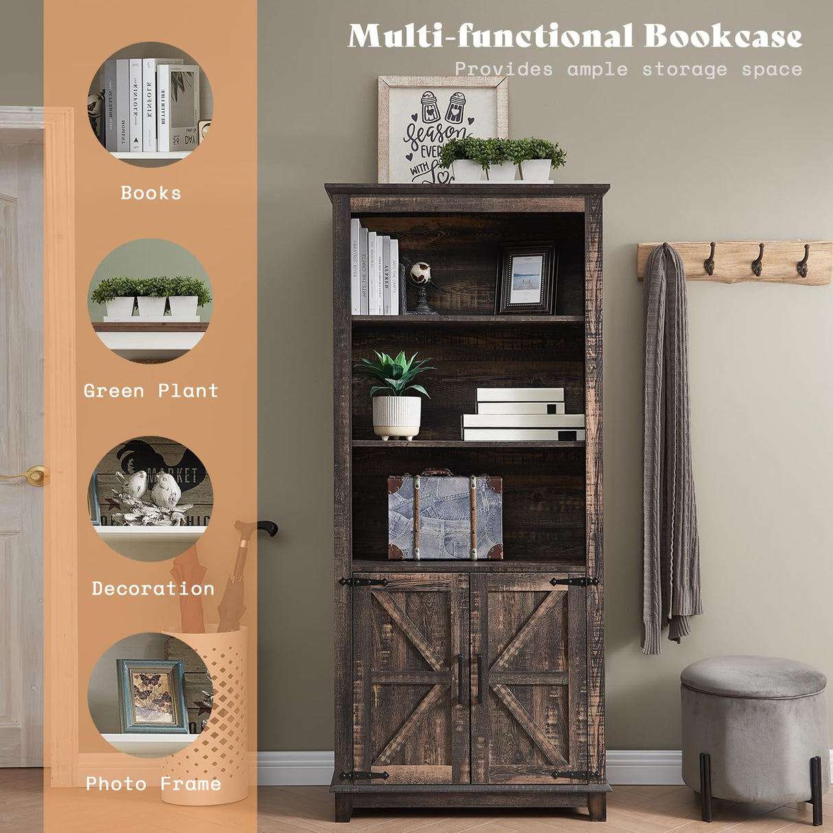 AMERLIFE Farmhouse Bookcase with Doors, 5 Shelf Bookshelf Storage Cabinet with Adjustable Shelves & Barn Door, Versatile Storage Pantry Cabinet for Bedroom, Living Room, Kitchen, Rustic Oak Black AMERLIFE