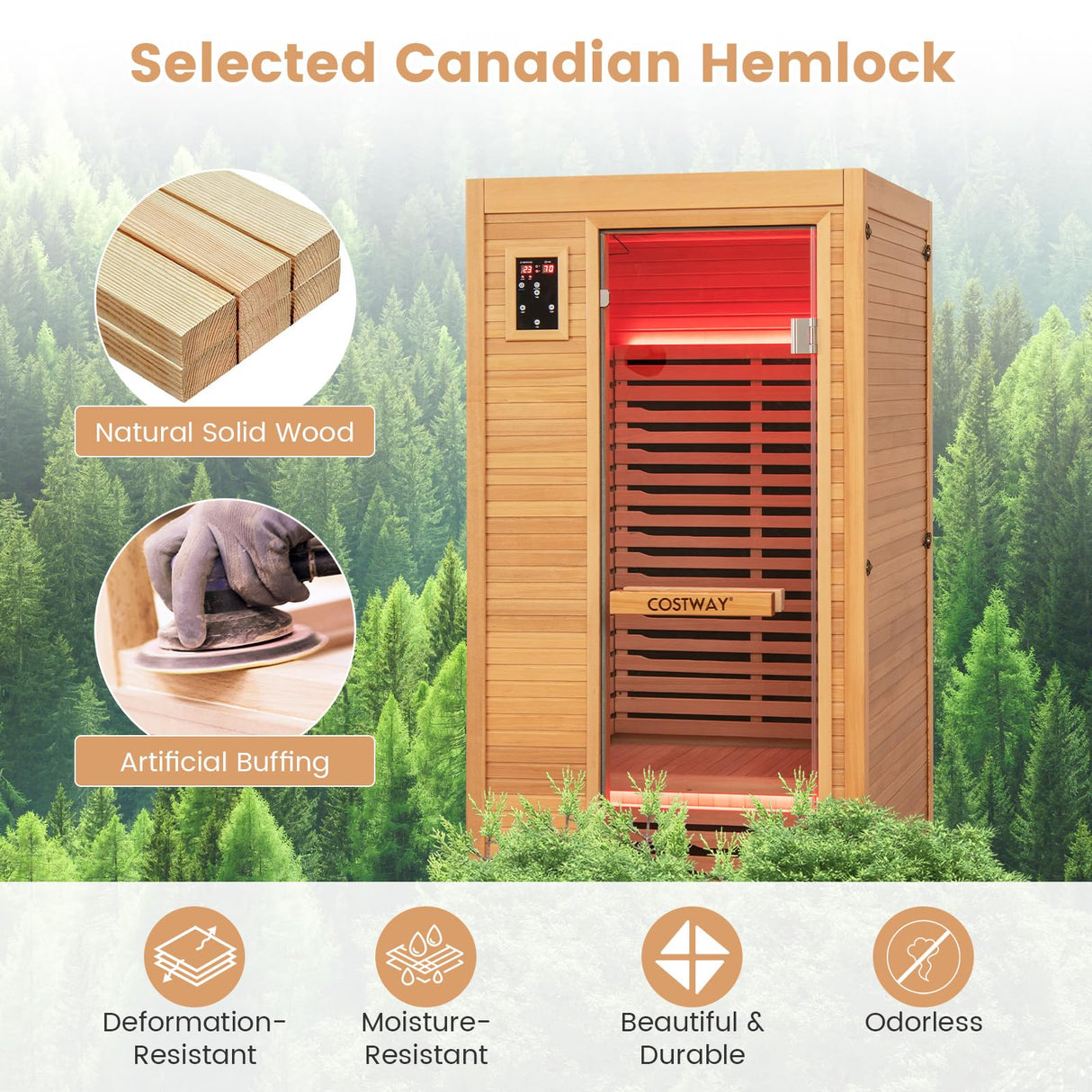 COSTWAY 1-2 Person Far Infrared Wooden Sauna Room, Canadian Hemlock Indoor Low EMF Sauna with Oxygen Ionizer, 9 Carbon Heaters, 4 Light Strips, Tempered Glass Door, Personal Sauna for Home COSTWAY