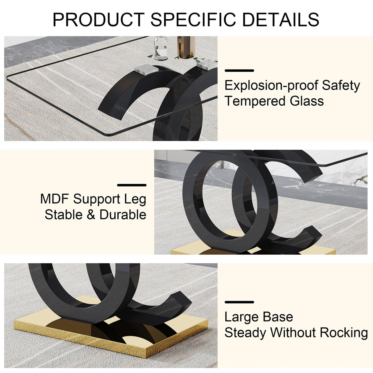 Ebullient Modern Dining Table Set for 6 ,7 Piece Dining Table Chairs Set for 6,Glass Table Top and Gold Base,Rectangular Dining Room Table with 6 Black PU Leather Upholstered Dining Chairs for Kitchen Ebullient