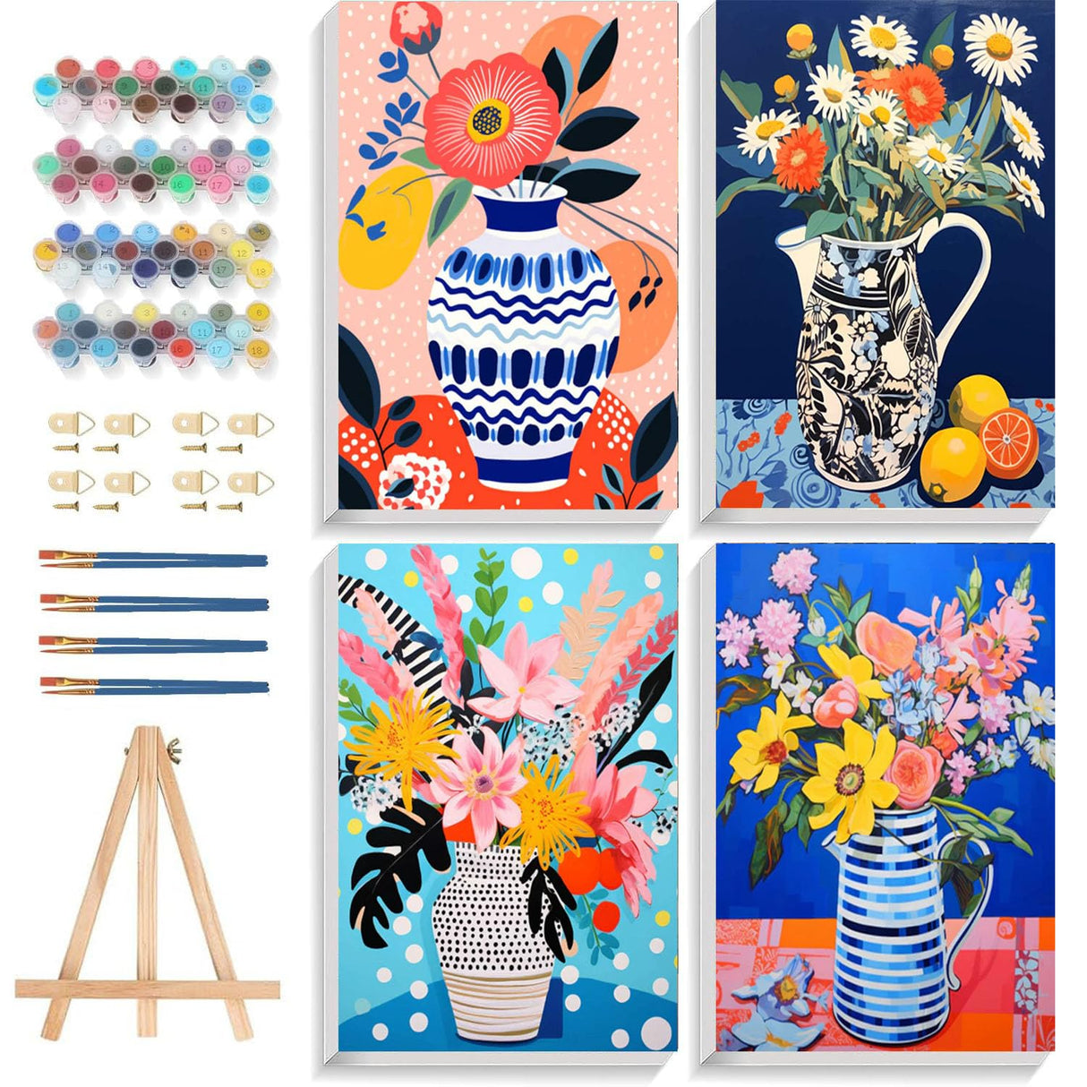 4 Pack Paint by Numbers kit for Adults with Frame and Wooden Easel, Adult Paint by Number Kits Flower, DIY Acrylic Oil Painting by Number for Beginners Home Wall Decor Gift (8x12 inch) bleihum